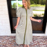 Olive Gingham & Collared Midi Dress-500 Midi-ENTRO-July & June Women's Fashion Boutique Located in San Antonio, Texas