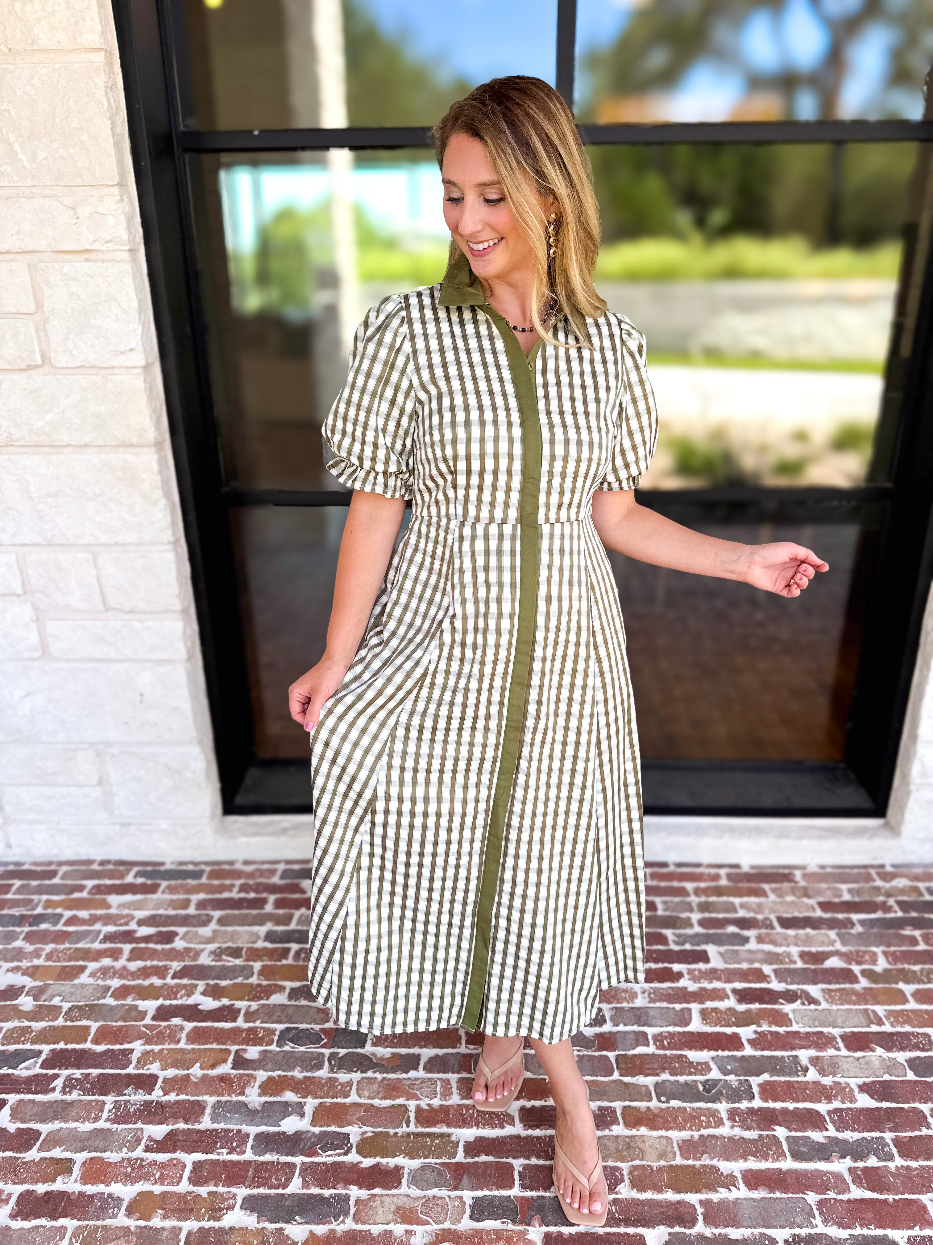 Olive Gingham & Collared Midi Dress-500 Midi-ENTRO-July & June Women's Fashion Boutique Located in San Antonio, Texas
