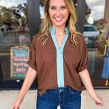 Contrast Chic Blouse - Cocoa Sky-200 Fashion Blouses-ENTRO-July & June Women's Fashion Boutique Located in San Antonio, Texas