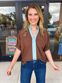 Contrast Chic Blouse - Cocoa Sky-200 Fashion Blouses-ENTRO-July & June Women's Fashion Boutique Located in San Antonio, Texas