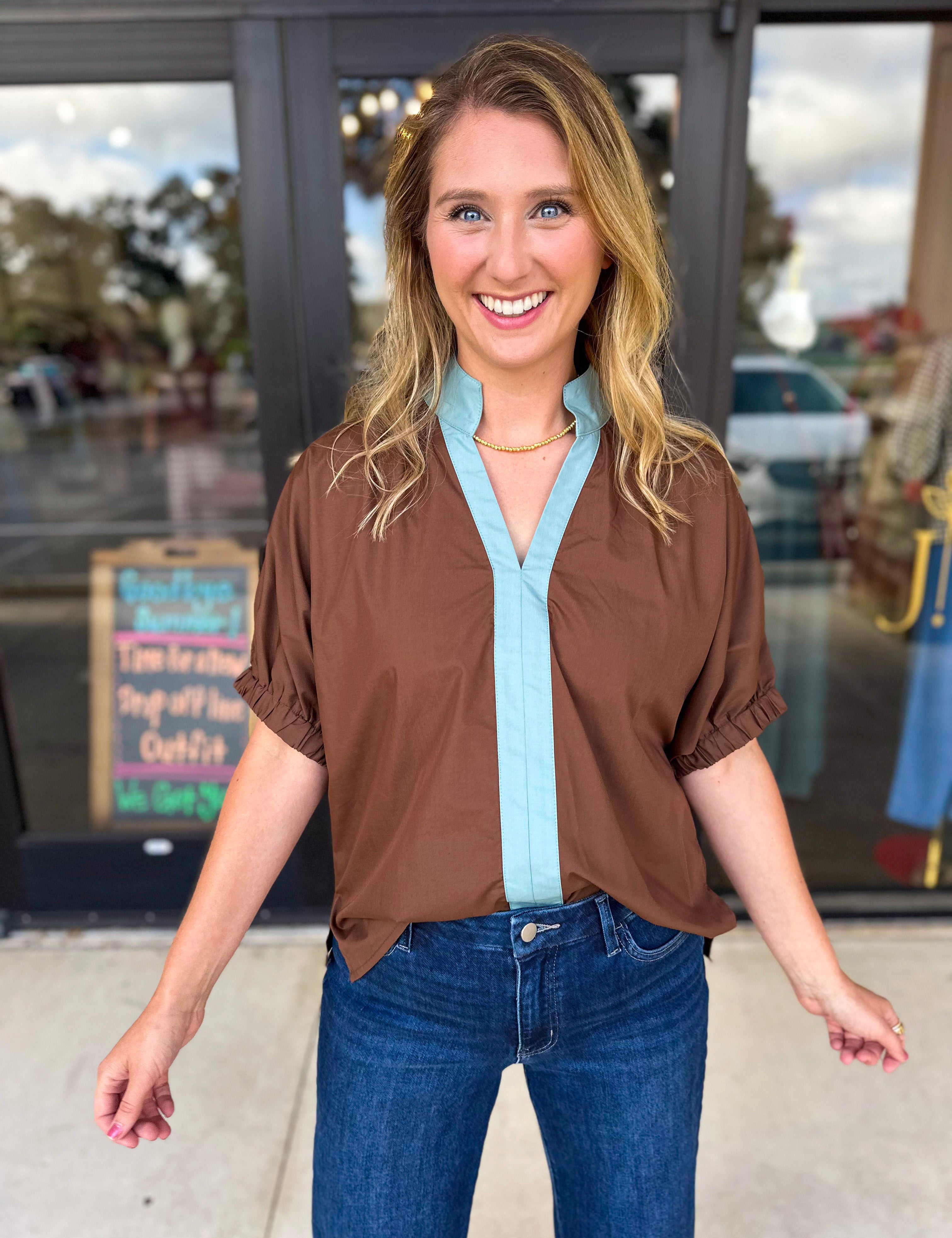 Contrast Chic Blouse - Cocoa Sky-200 Fashion Blouses-ENTRO-July & June Women's Fashion Boutique Located in San Antonio, Texas