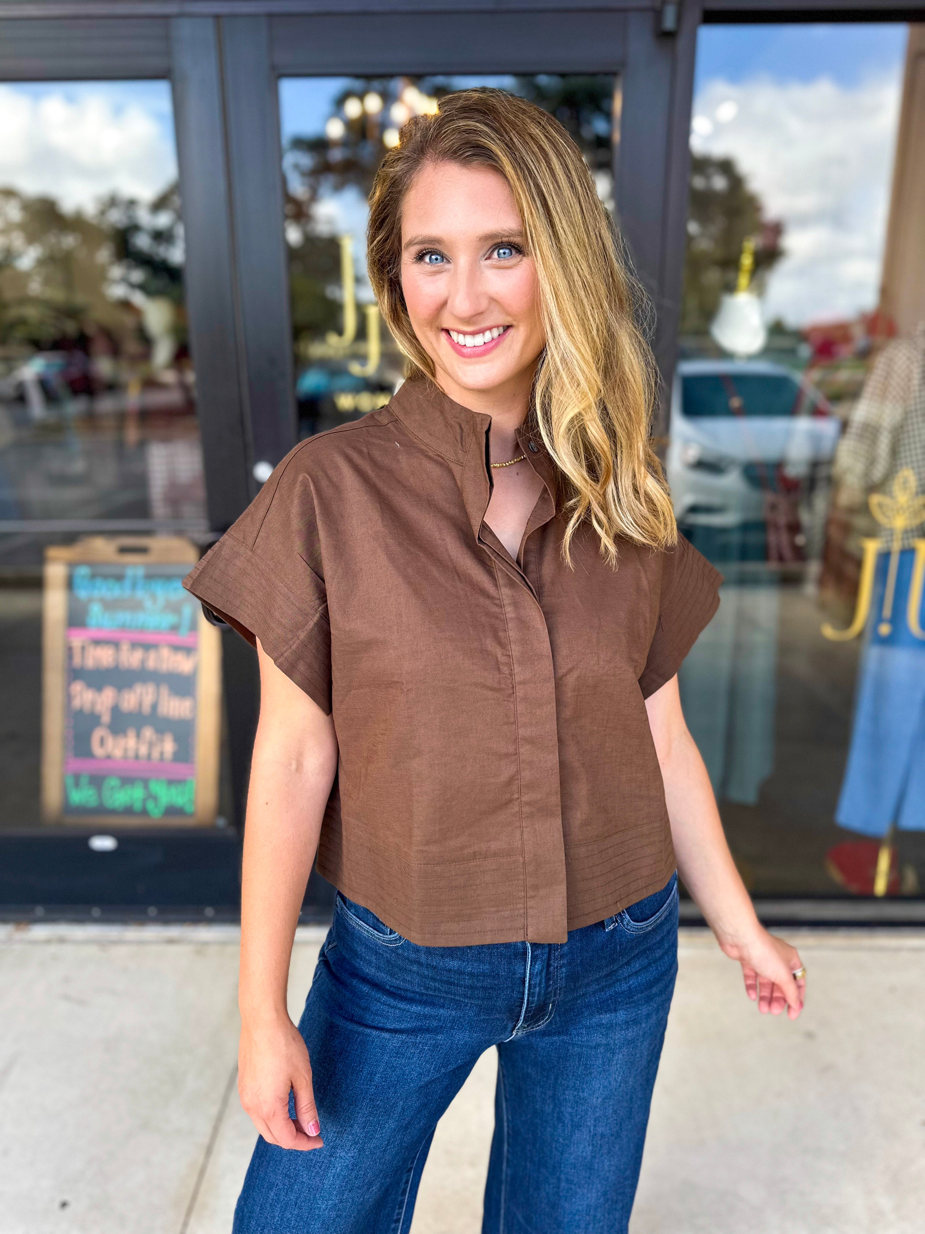 Chic Boxy Blouse - Brown-200 Fashion Blouses-ENTRO-July & June Women's Fashion Boutique Located in San Antonio, Texas