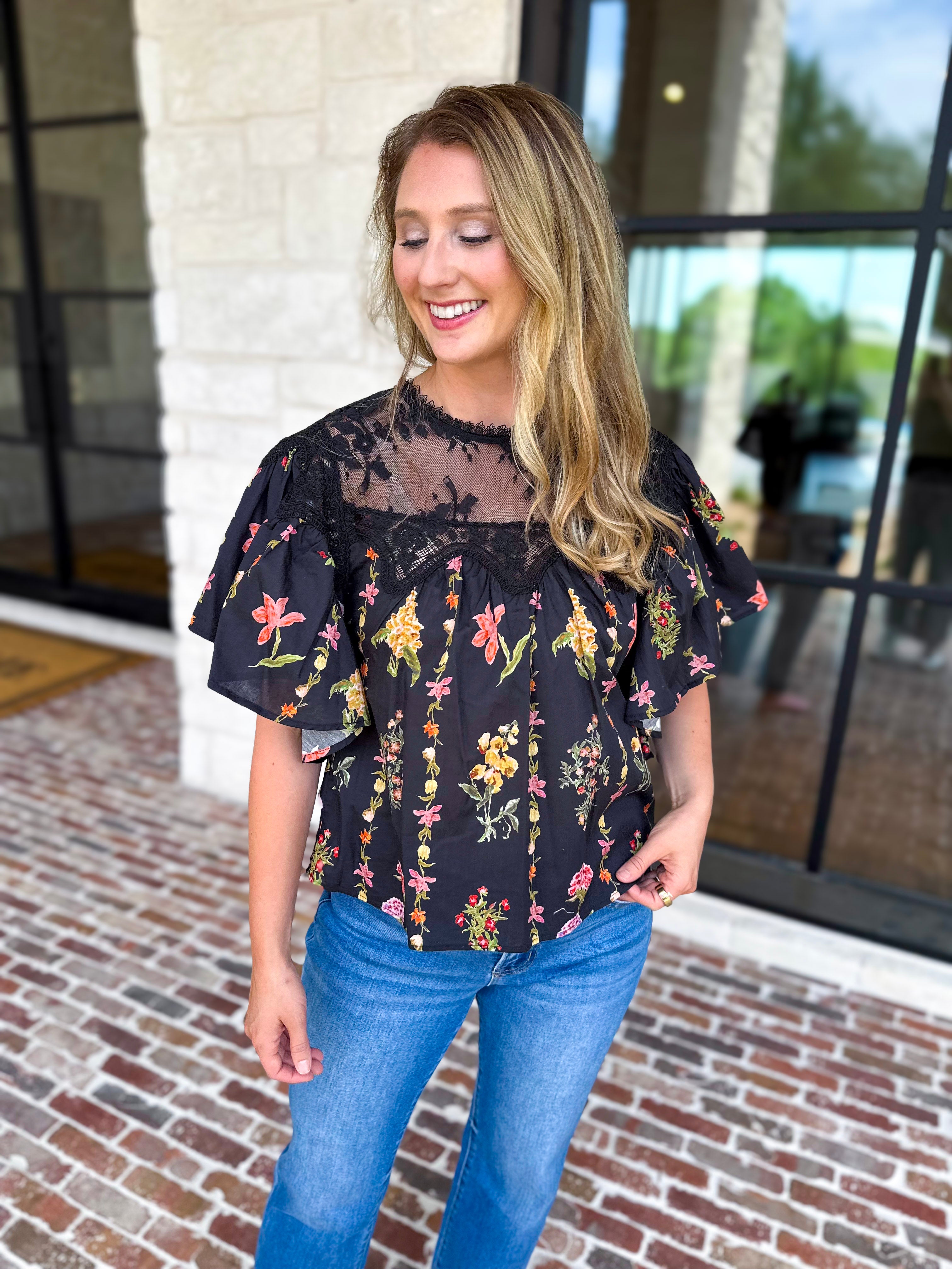 Black Lace & Floral Blouse-200 Fashion Blouses-ENTRO-July & June Women's Fashion Boutique Located in San Antonio, Texas