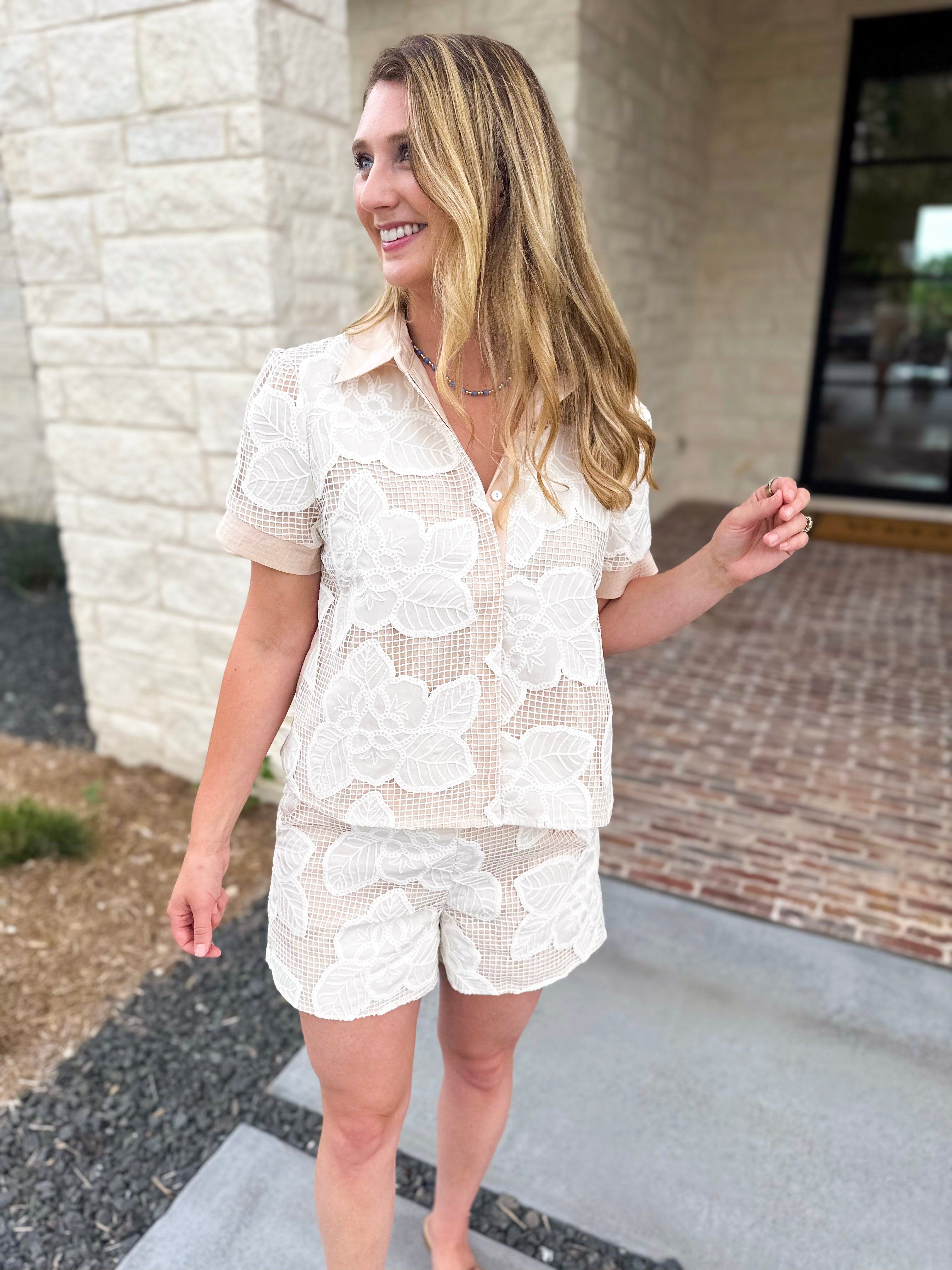 Taupe & Cream Crochet Short Set-510 Mini-STRUT & BOLT-July & June Women's Fashion Boutique Located in San Antonio, Texas