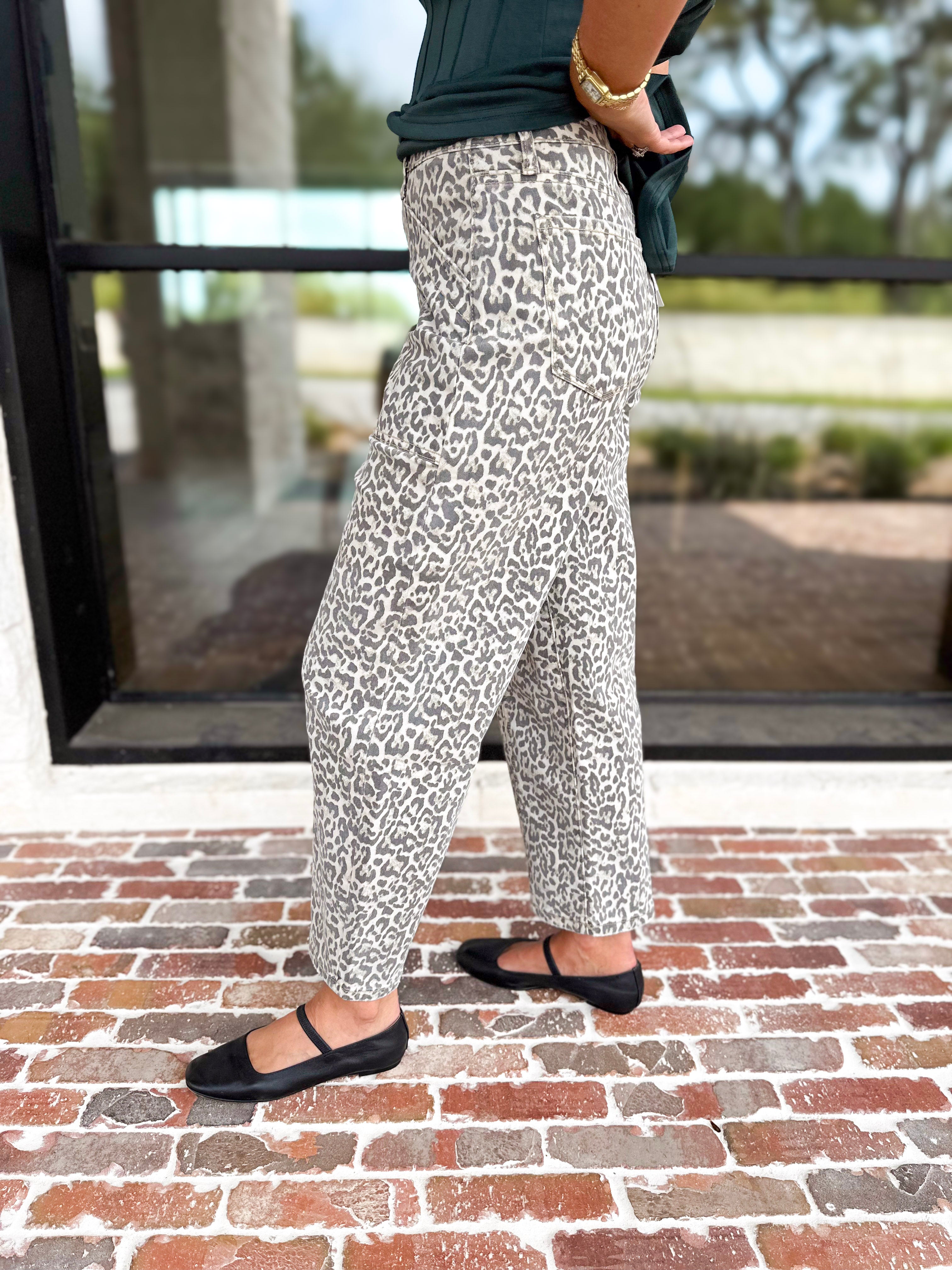 Vervet - High Rise Utility Cheetah Barrel Jeans-420 Denim-VEVERT BY FLYING MONKEY-July & June Women's Fashion Boutique Located in San Antonio, Texas