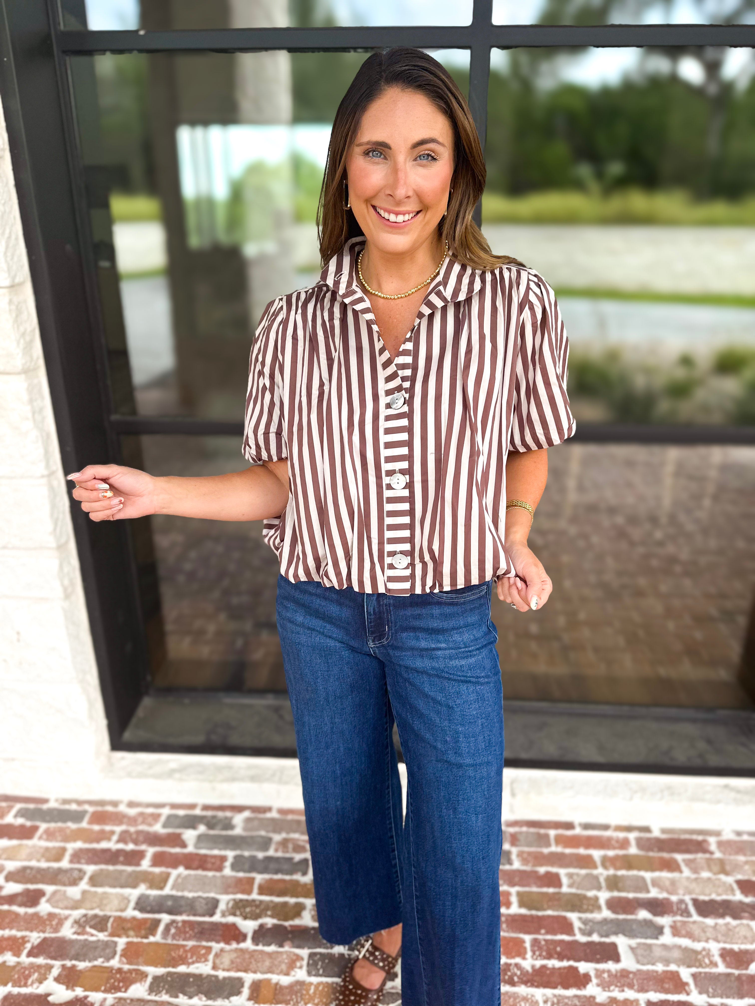 Coffee Date Blouse - Cream & Brown-200 Fashion Blouses-ENTRO-July & June Women's Fashion Boutique Located in San Antonio, Texas