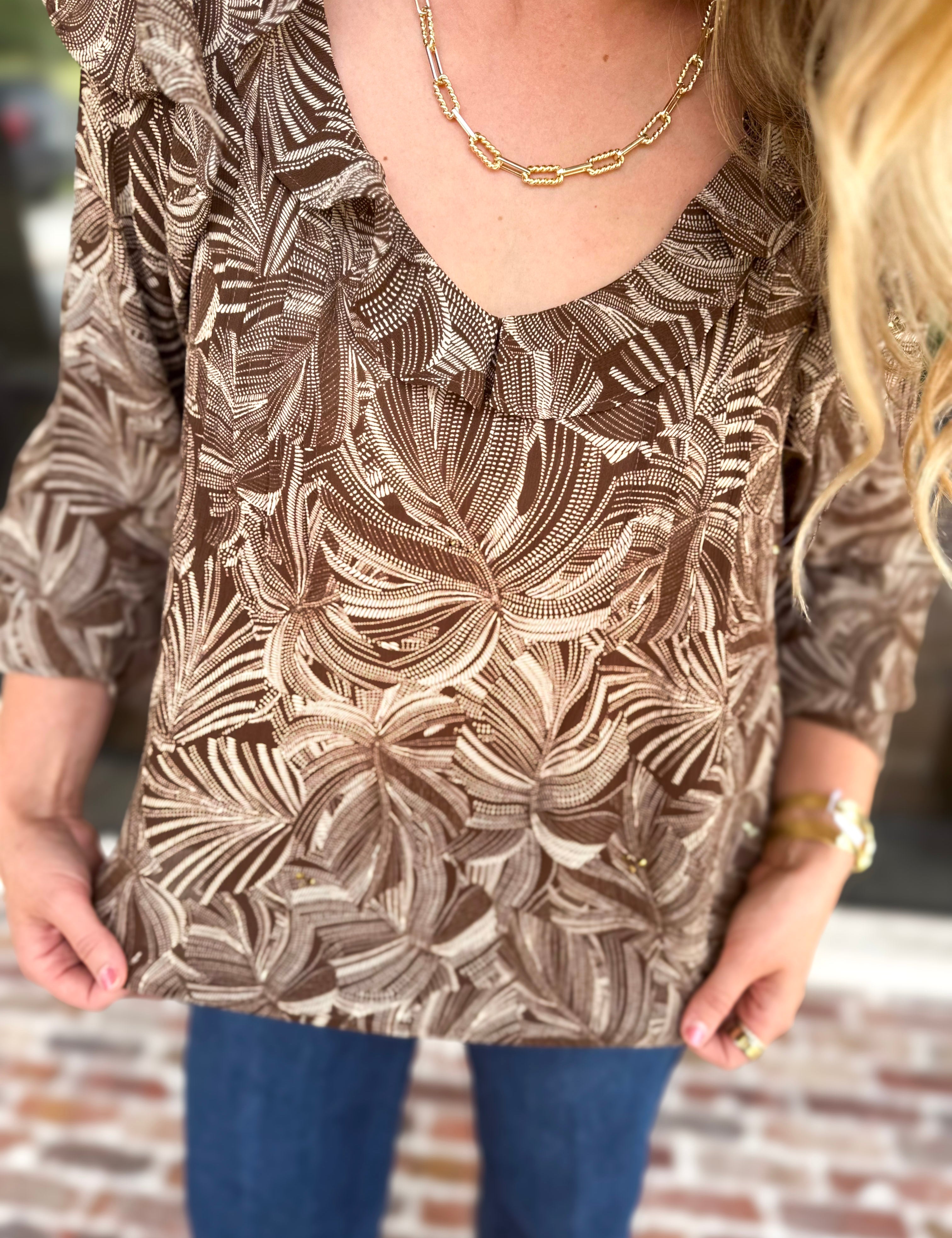 Liverpool - Willow Espresso Ruffle Blouse-200 Fashion Blouses-LIVERPOOL JEANS COMPANY-July & June Women's Fashion Boutique Located in San Antonio, Texas