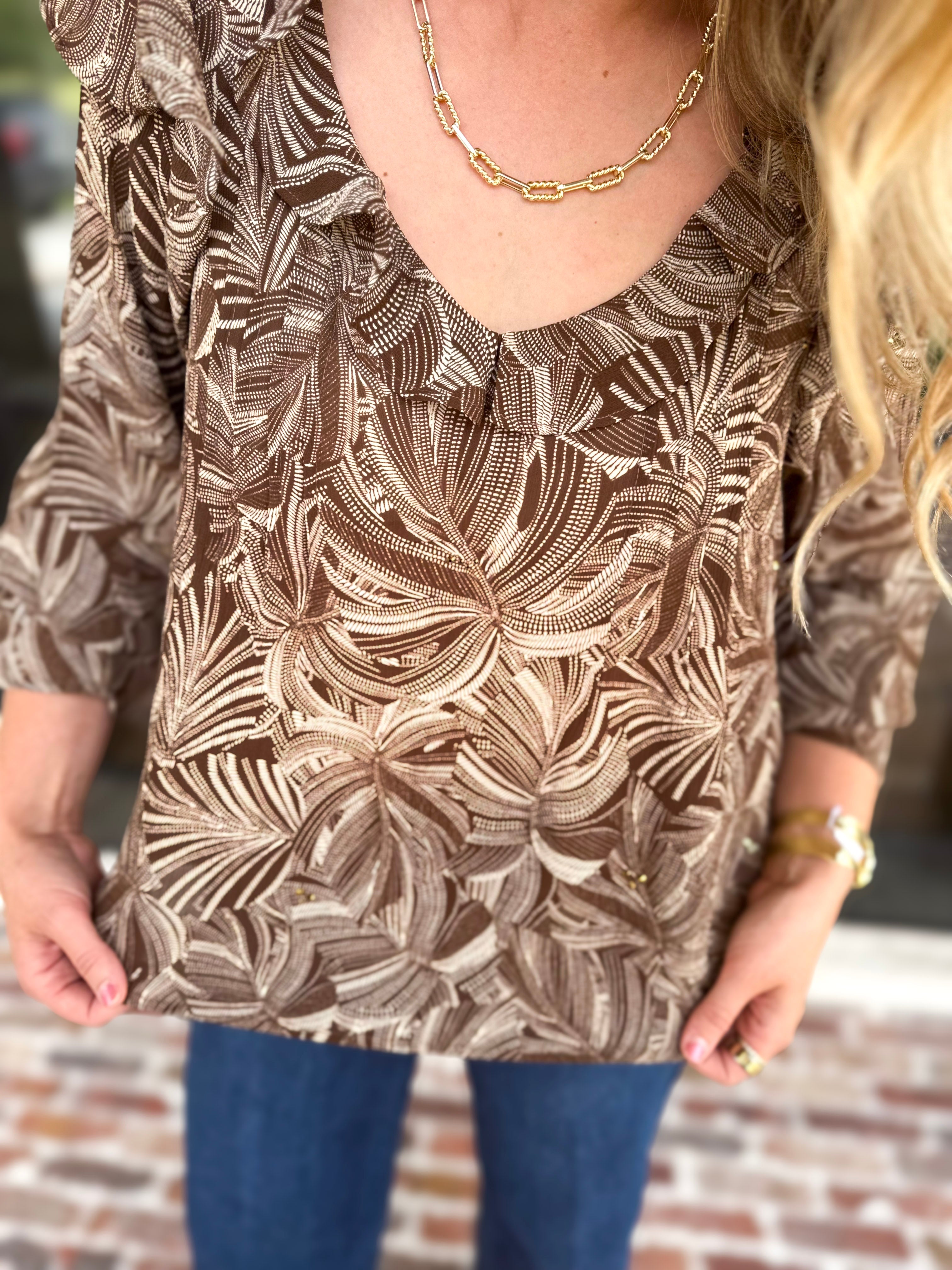 Liverpool - Willow Espresso Ruffle Blouse-200 Fashion Blouses-LIVERPOOL JEANS COMPANY-July & June Women's Fashion Boutique Located in San Antonio, Texas
