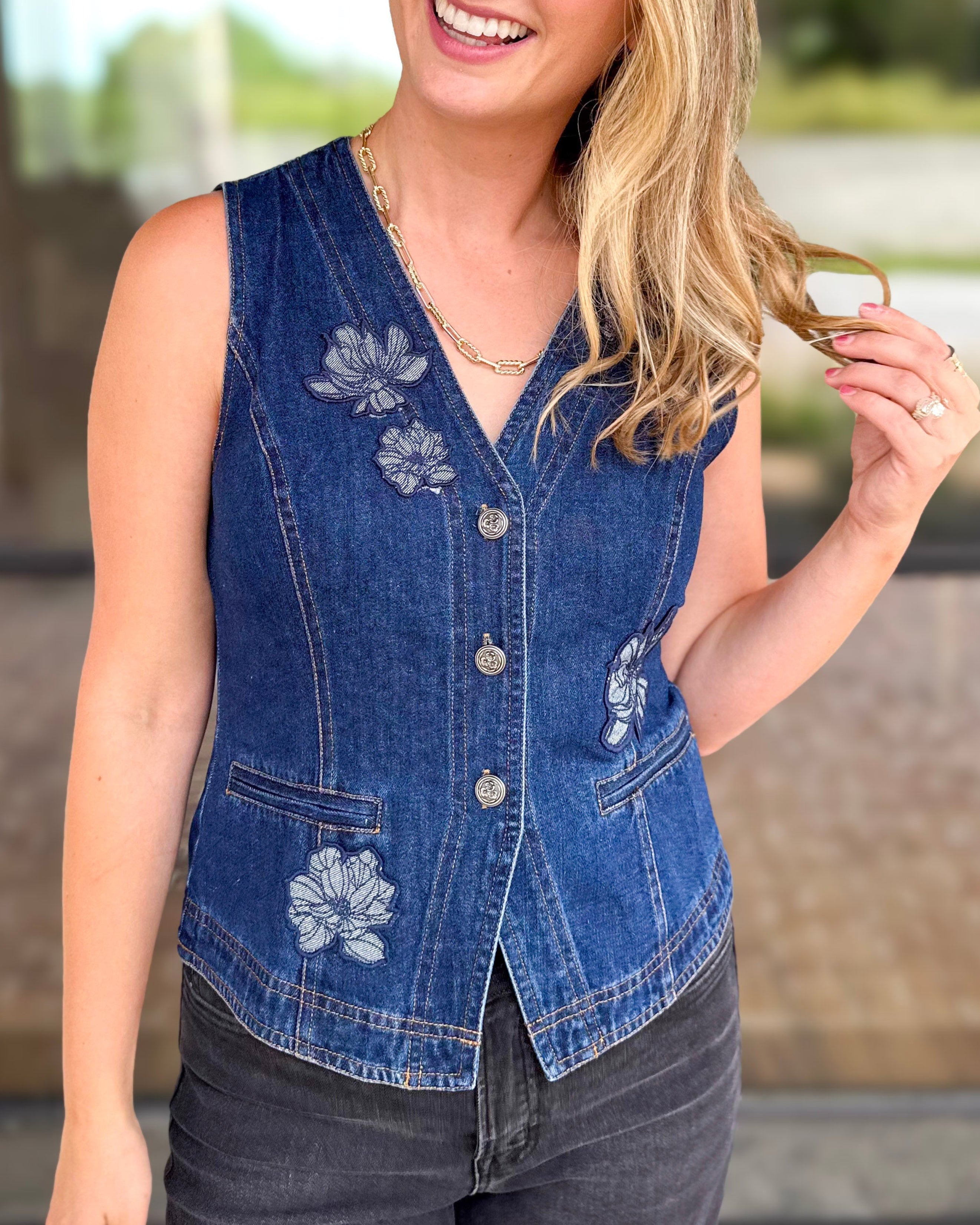 Current Air - Chic Denim Floral Vest-200 Fashion Blouses-CURRENT AIR CLOTHING-July & June Women's Fashion Boutique Located in San Antonio, Texas