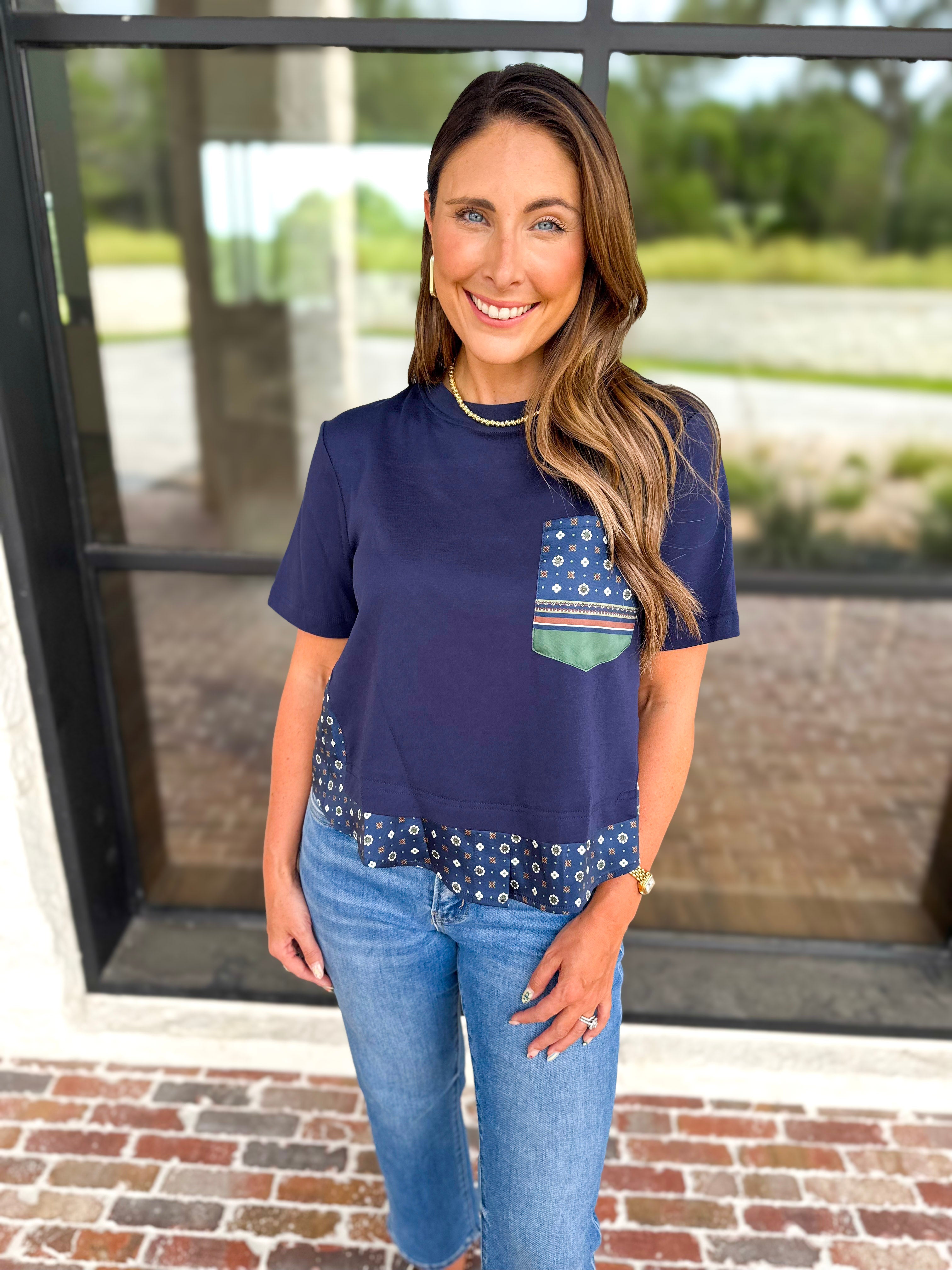 Current Air - Mix It Up Navy Blouse-200 Fashion Blouses-CURRENT AIR CLOTHING-July & June Women's Fashion Boutique Located in San Antonio, Texas