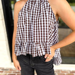 Delia Gingham Halter Blouse-200 Fashion Blouses-OLIVACEOUS-July & June Women's Fashion Boutique Located in San Antonio, Texas