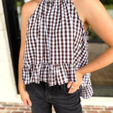 Delia Gingham Halter Blouse-200 Fashion Blouses-OLIVACEOUS-July & June Women's Fashion Boutique Located in San Antonio, Texas