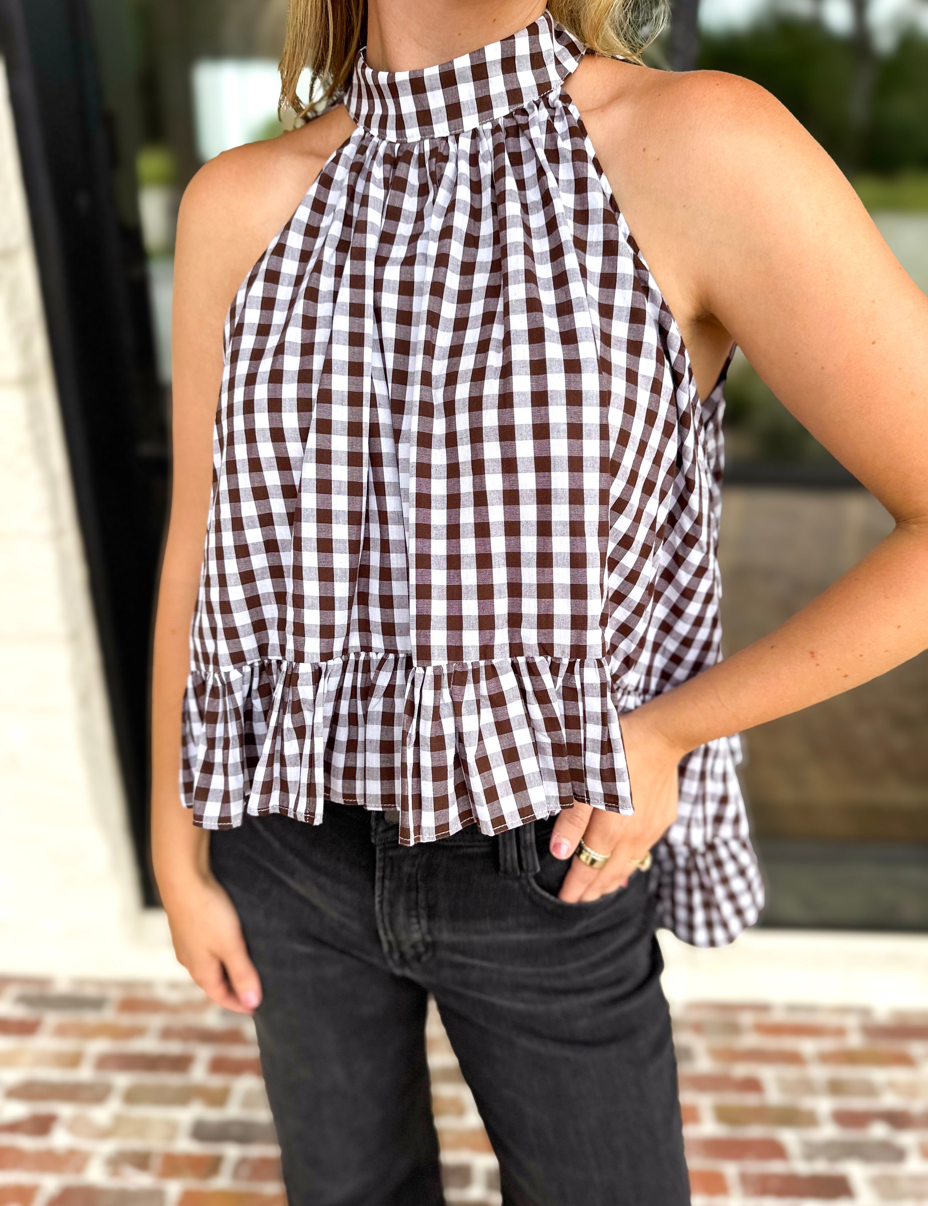 Delia Gingham Halter Blouse-200 Fashion Blouses-OLIVACEOUS-July & June Women's Fashion Boutique Located in San Antonio, Texas