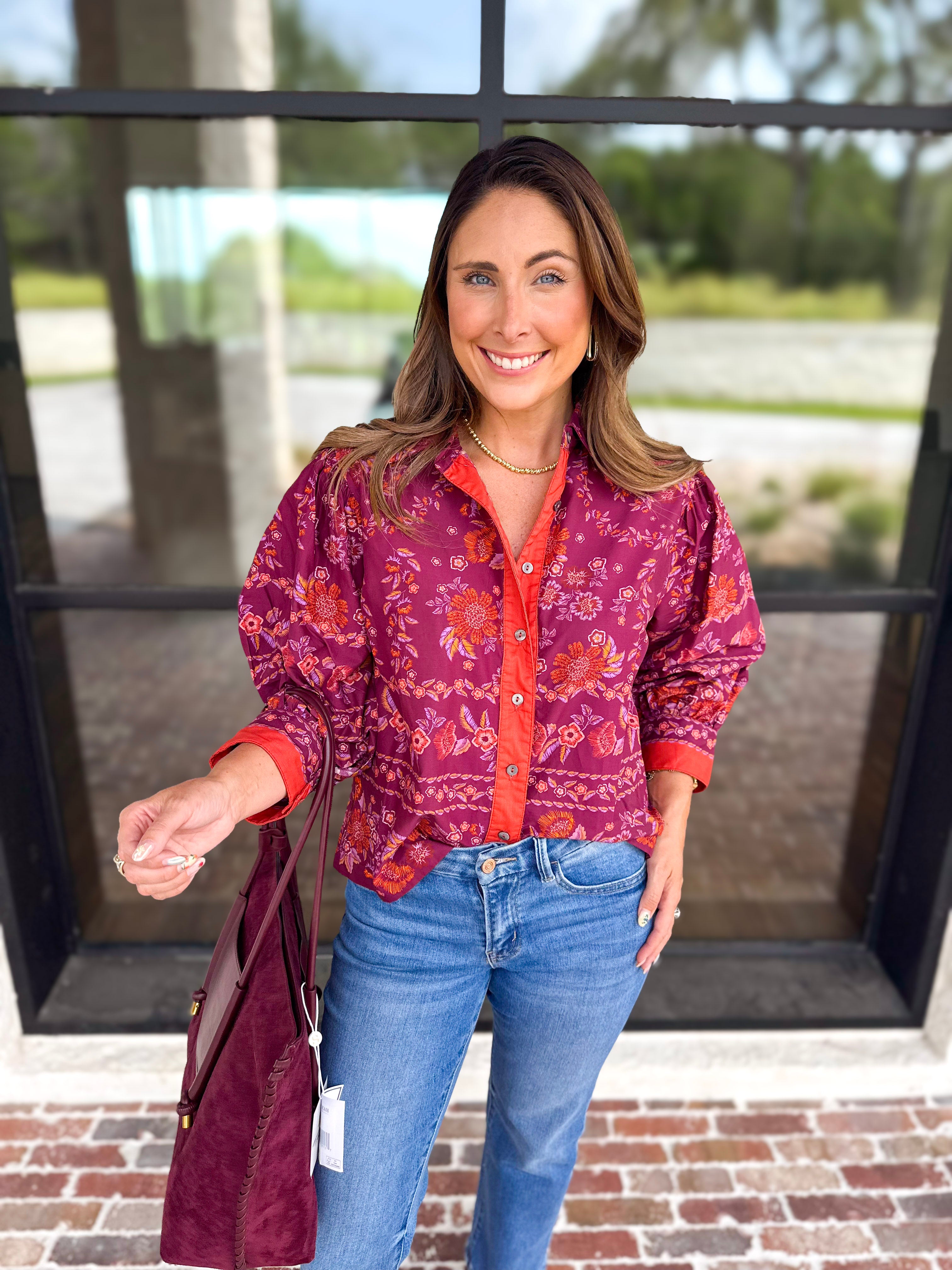 Spiced Plum Floral Blouse-200 Fashion Blouses-ENTRO-July & June Women's Fashion Boutique Located in San Antonio, Texas