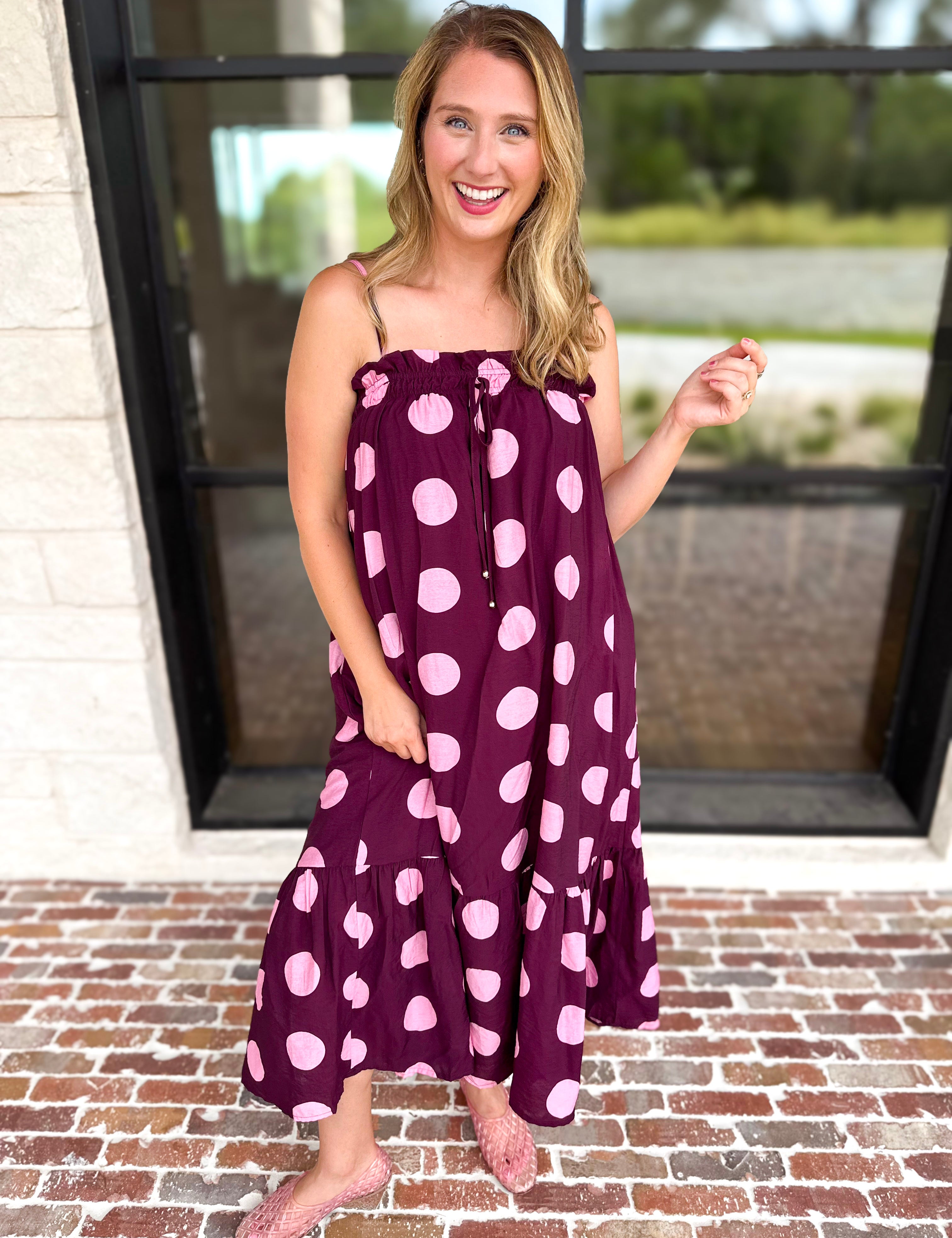 Pink Ganache Polka Dot Midi Dress-500 Midi-ENTRO-July & June Women's Fashion Boutique Located in San Antonio, Texas