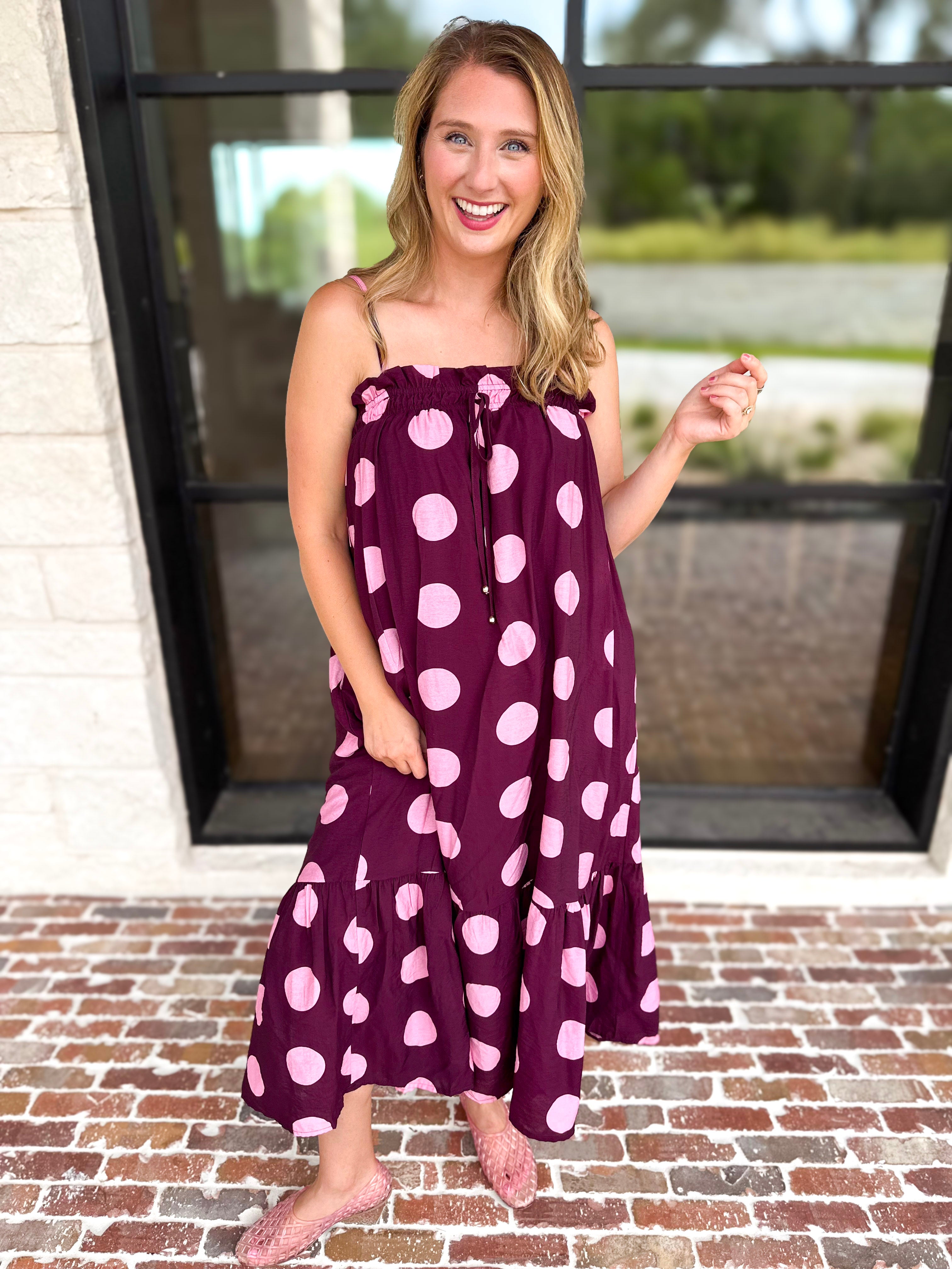 Pink Ganache Polka Dot Midi Dress-500 Midi-ENTRO-July & June Women's Fashion Boutique Located in San Antonio, Texas