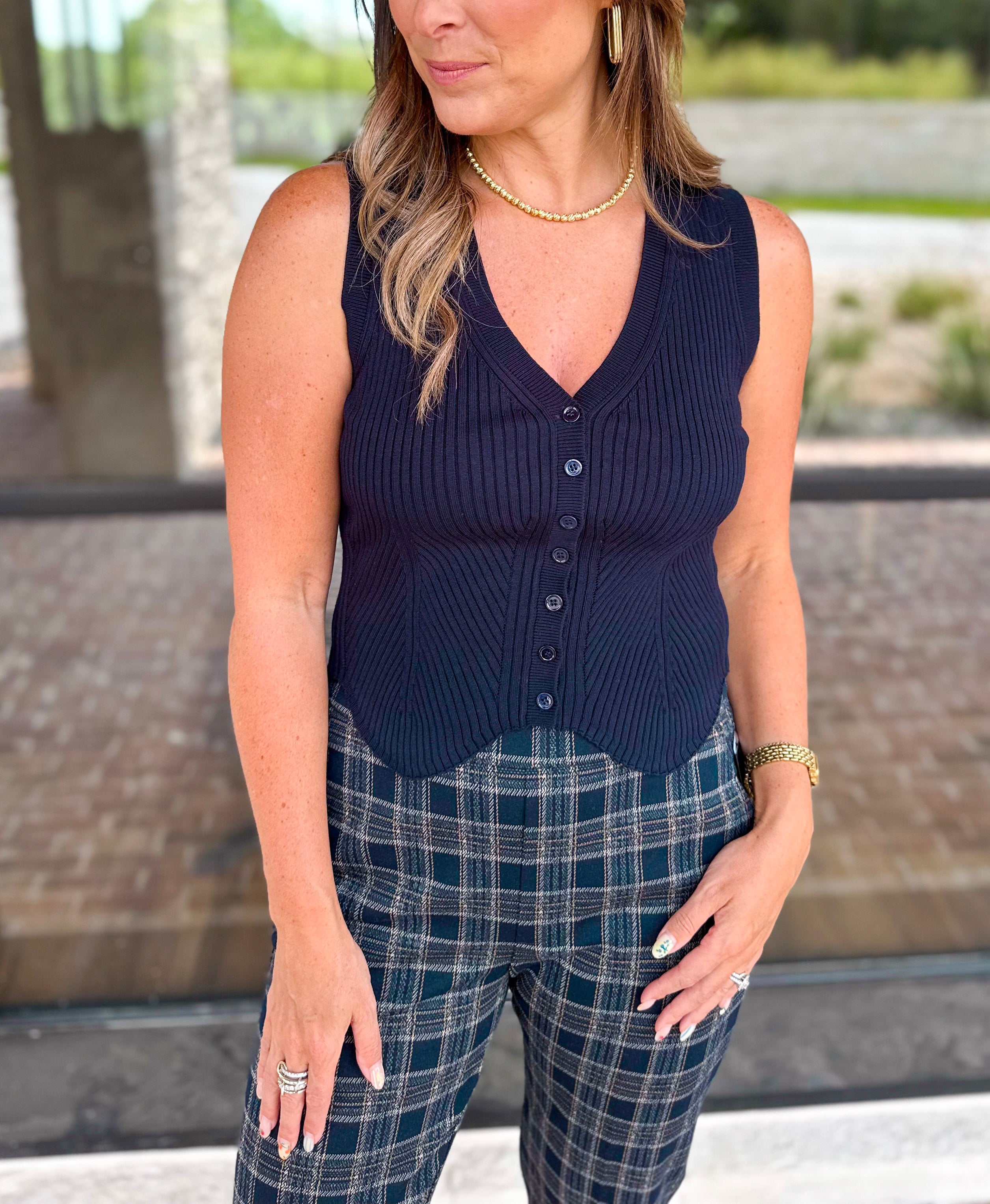 Current Air - Navy Knit Vest-200 Fashion Blouses-CURRENT AIR CLOTHING-July & June Women's Fashion Boutique Located in San Antonio, Texas