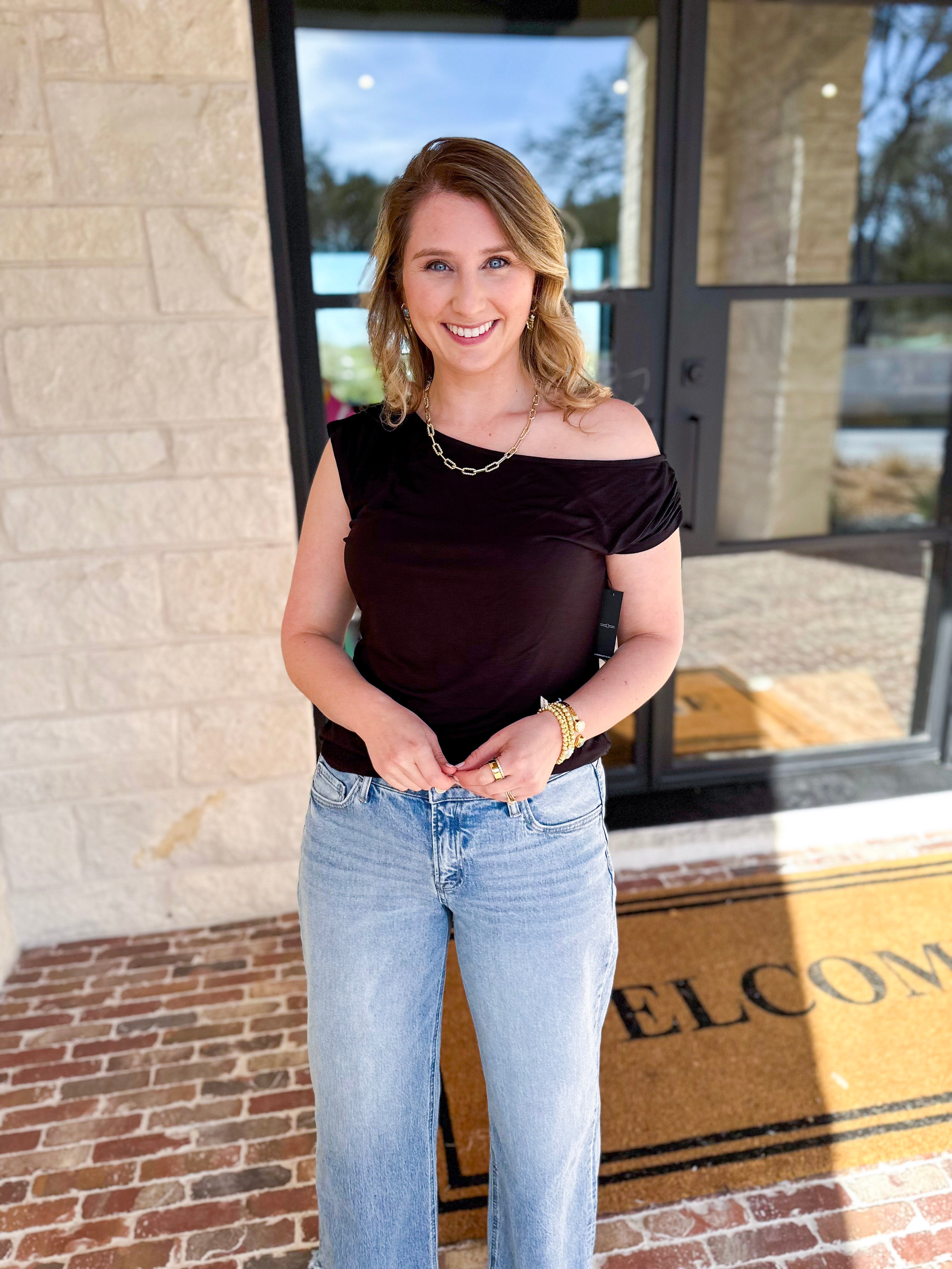LIVERPOOL - Black Off the Shoulder Top-200 Fashion Blouses-LIVERPOOL JEANS COMPANY-July & June Women's Fashion Boutique Located in San Antonio, Texas