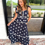 Polka Dot Peplum Midi Dress - Black-500 Midi-ENTRO-July & June Women's Fashion Boutique Located in San Antonio, Texas