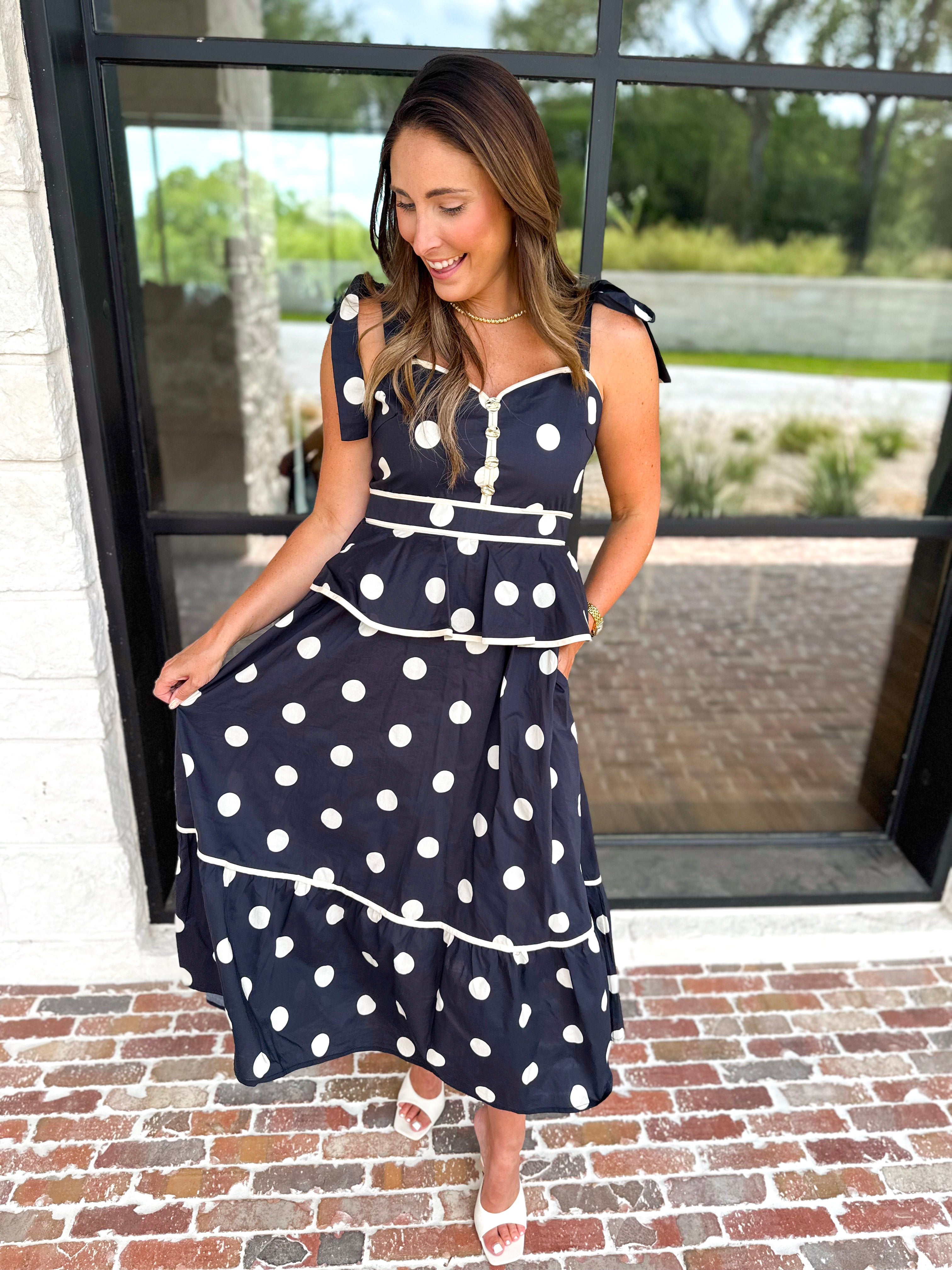 Polka Dot Peplum Midi Dress - Black-500 Midi-ENTRO-July & June Women's Fashion Boutique Located in San Antonio, Texas
