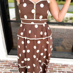 Polka Dot Peplum Midi Dress - Brown-500 Midi-ENTRO-July & June Women's Fashion Boutique Located in San Antonio, Texas