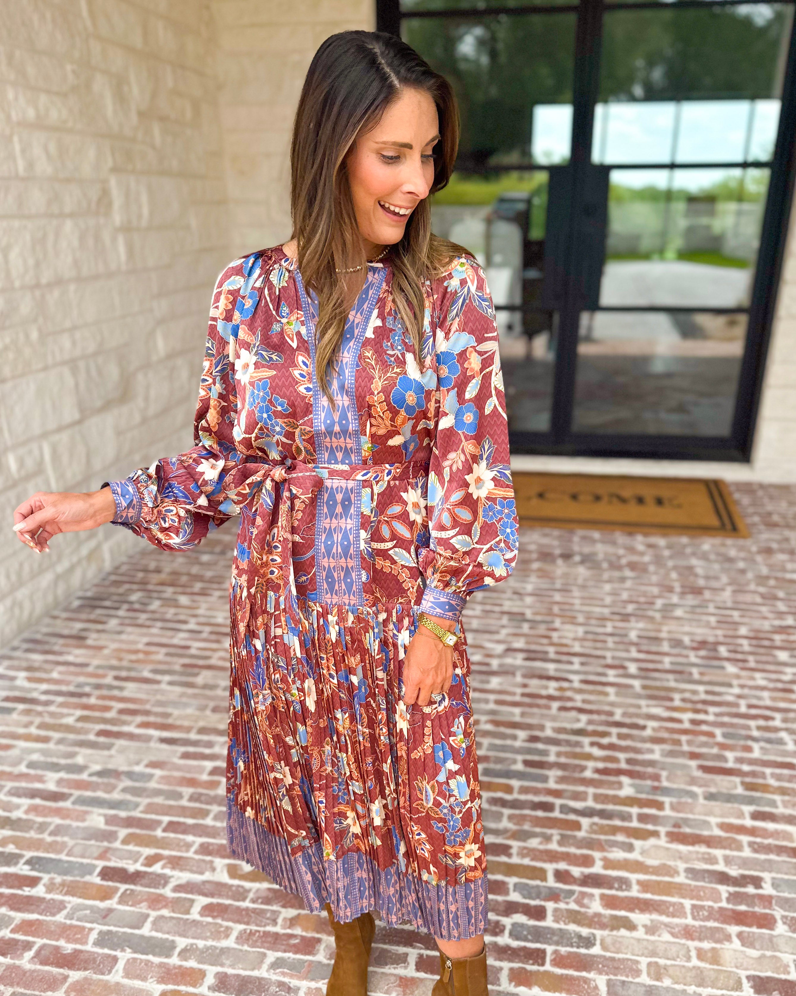 Current Air - Fall Gardens Midi Dress-500 Midi-CURRENT AIR CLOTHING-July & June Women's Fashion Boutique Located in San Antonio, Texas