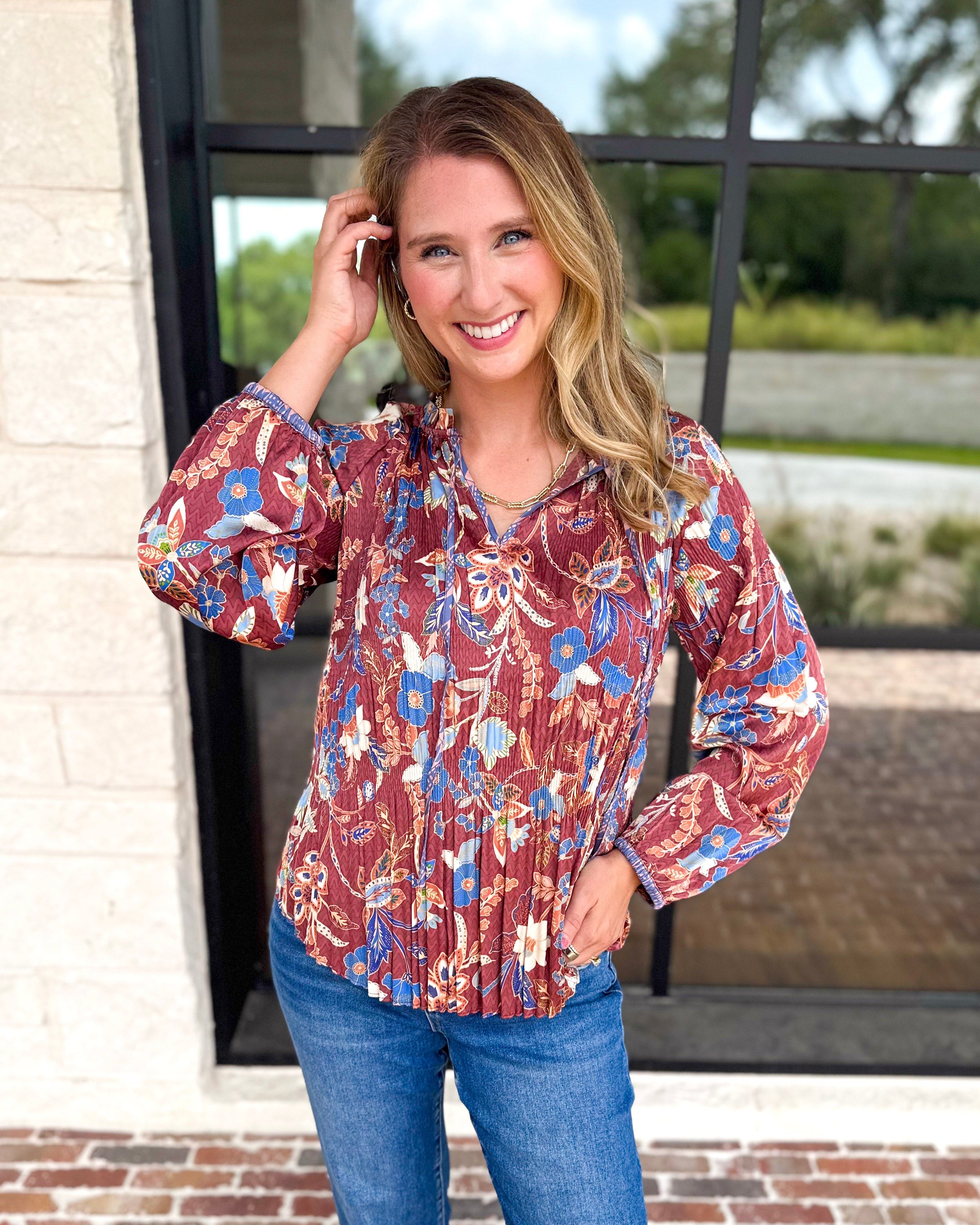 Current Air - Fall Gardens Blouse-200 Fashion Blouses-CURRENT AIR CLOTHING-July & June Women's Fashion Boutique Located in San Antonio, Texas
