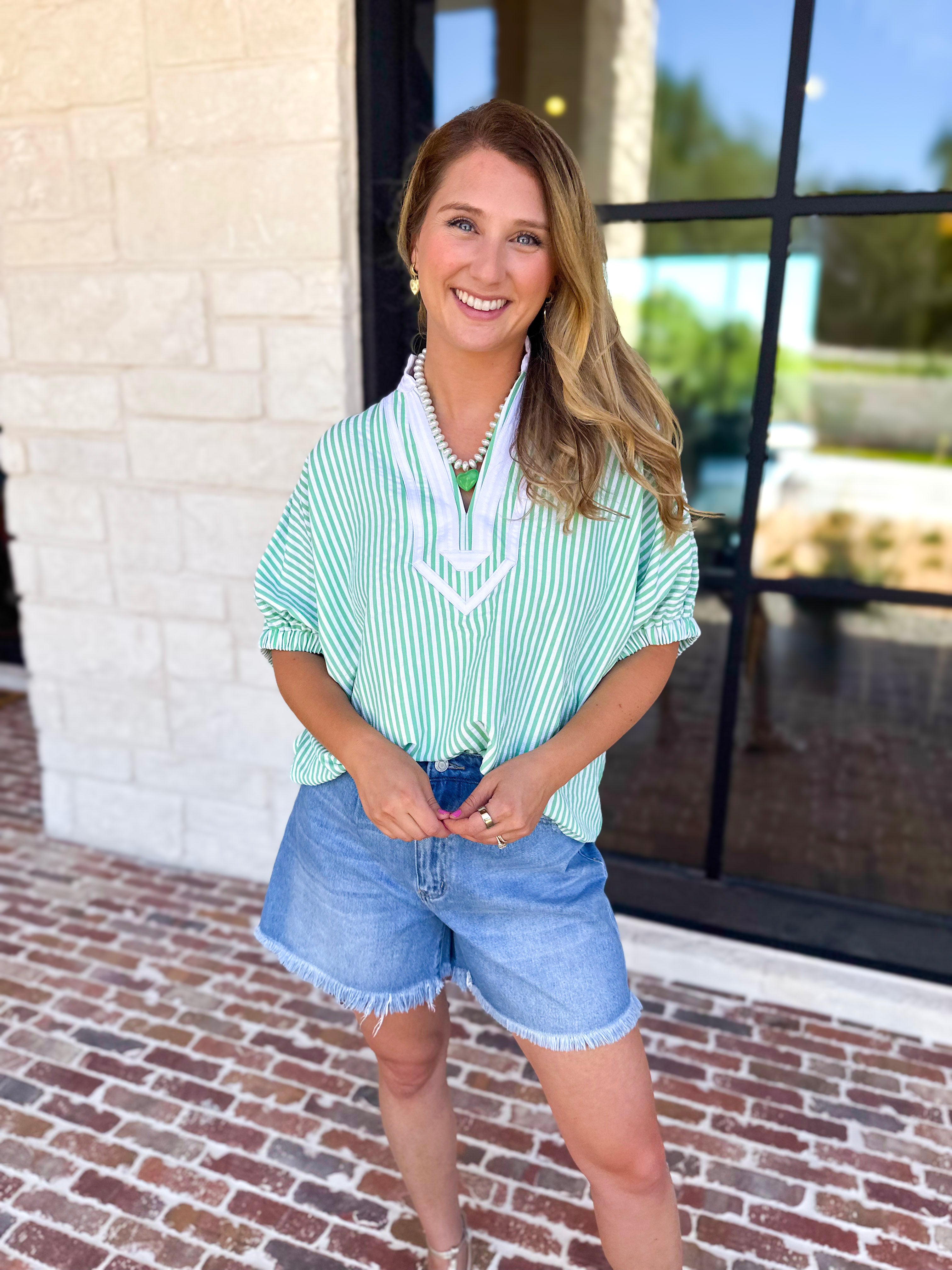Seersucker Sweet Blouse - Light Green-200 Fashion Blouses-ENTRO-July & June Women's Fashion Boutique Located in San Antonio, Texas