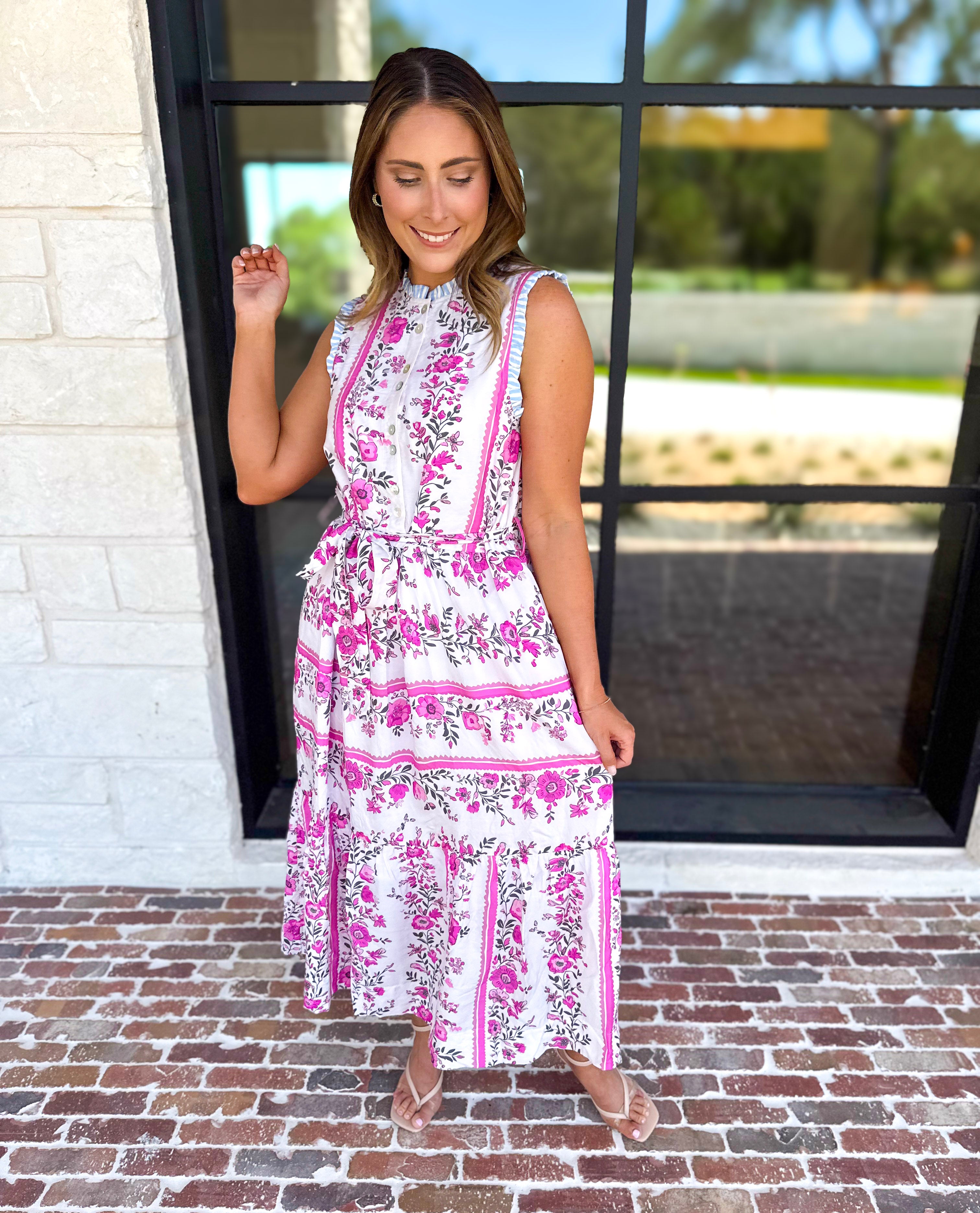 THML - Lillian Pink Floral Midi Dress-500 Midi-THML-July & June Women's Fashion Boutique Located in San Antonio, Texas