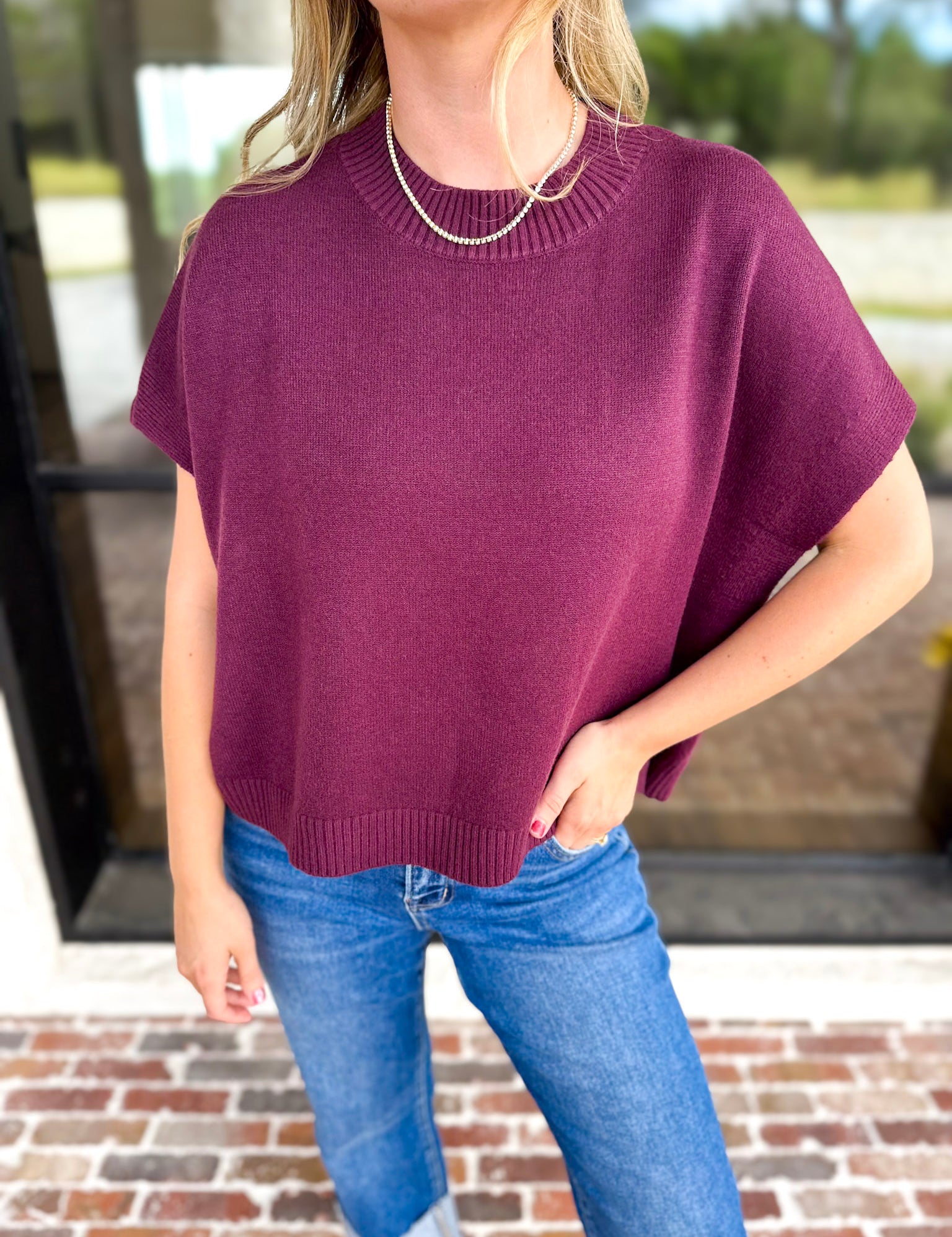 Easy Going Short Sleeve Knit Top - Burgundy-230 Sweaters/Cardis-PINCH-July & June Women's Fashion Boutique Located in San Antonio, Texas
