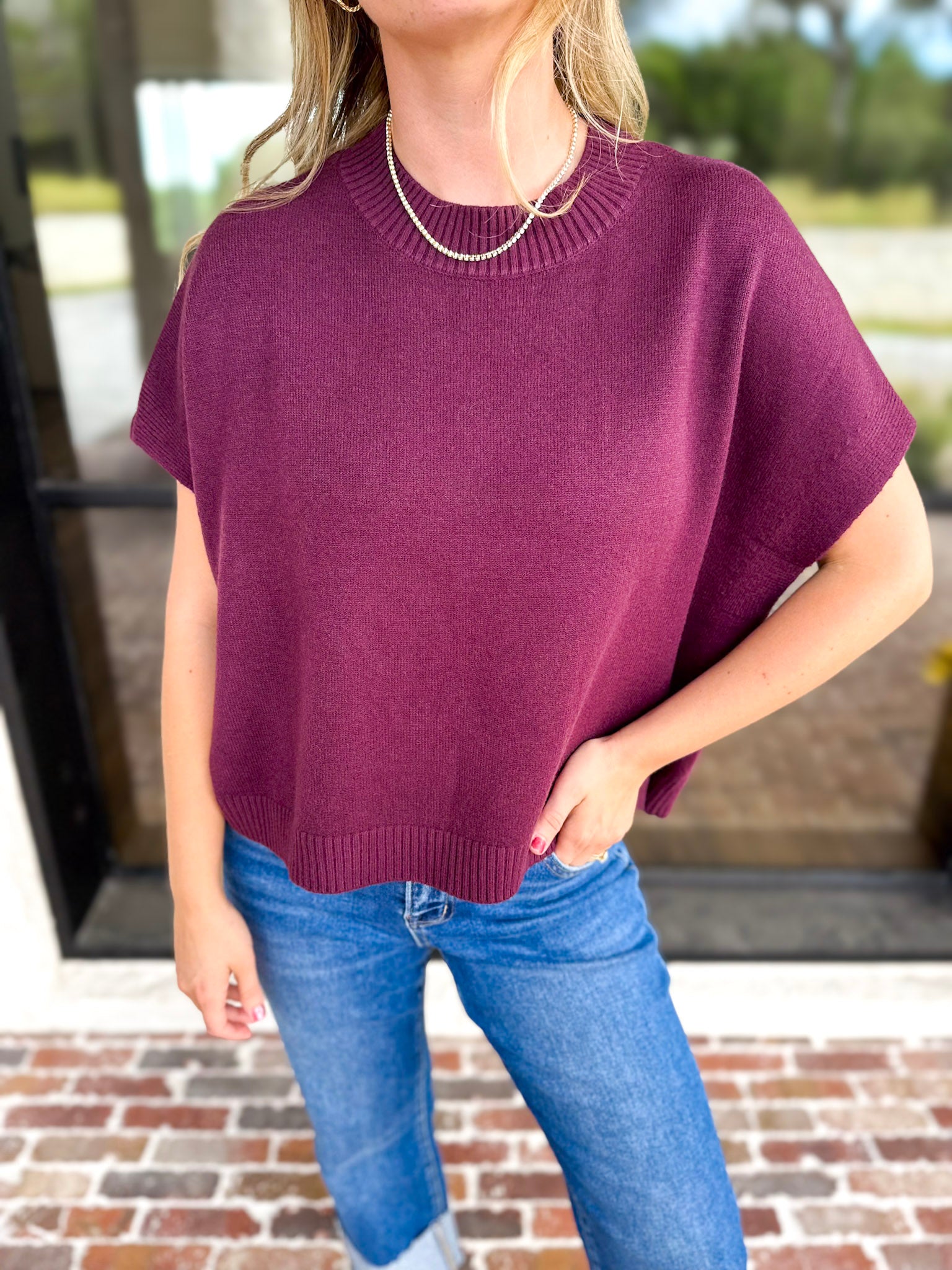 Easy Going Short Sleeve Knit Top - Burgundy-230 Sweaters/Cardis-PINCH-July & June Women's Fashion Boutique Located in San Antonio, Texas