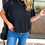 Easy Going Short Sleeve Knit Top - Black-230 Sweaters/Cardis-PINCH-July & June Women's Fashion Boutique Located in San Antonio, Texas