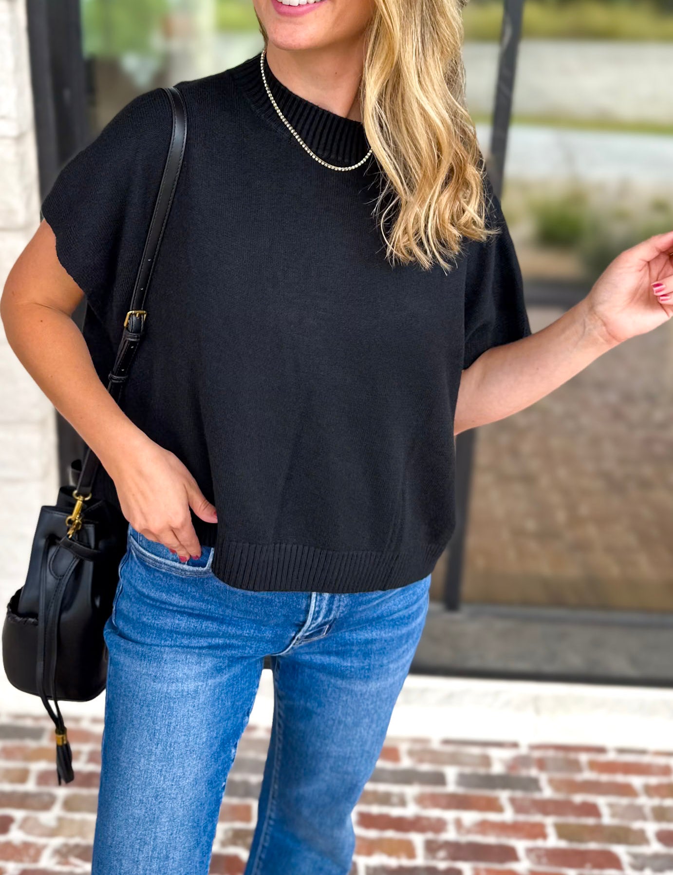 Easy Going Short Sleeve Knit Top - Black-230 Sweaters/Cardis-PINCH-July & June Women's Fashion Boutique Located in San Antonio, Texas