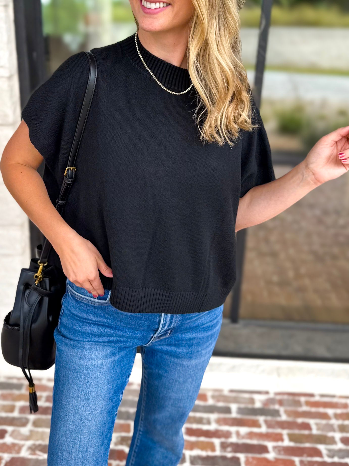 Easy Going Short Sleeve Knit Top - Black-230 Sweaters/Cardis-PINCH-July & June Women's Fashion Boutique Located in San Antonio, Texas