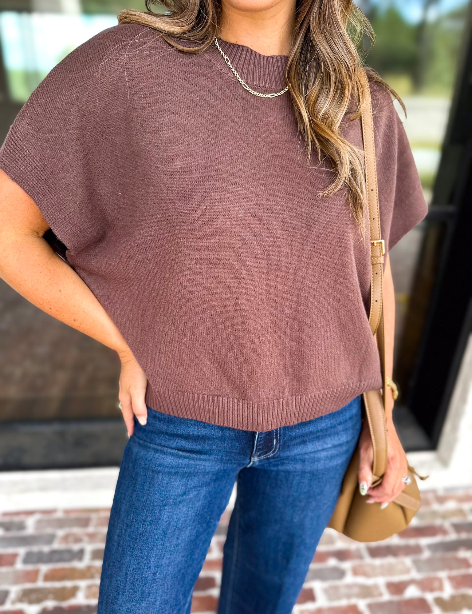 Easy Going Short Sleeve Knit Top - Espresso-230 Sweaters/Cardis-PINCH-July & June Women's Fashion Boutique Located in San Antonio, Texas