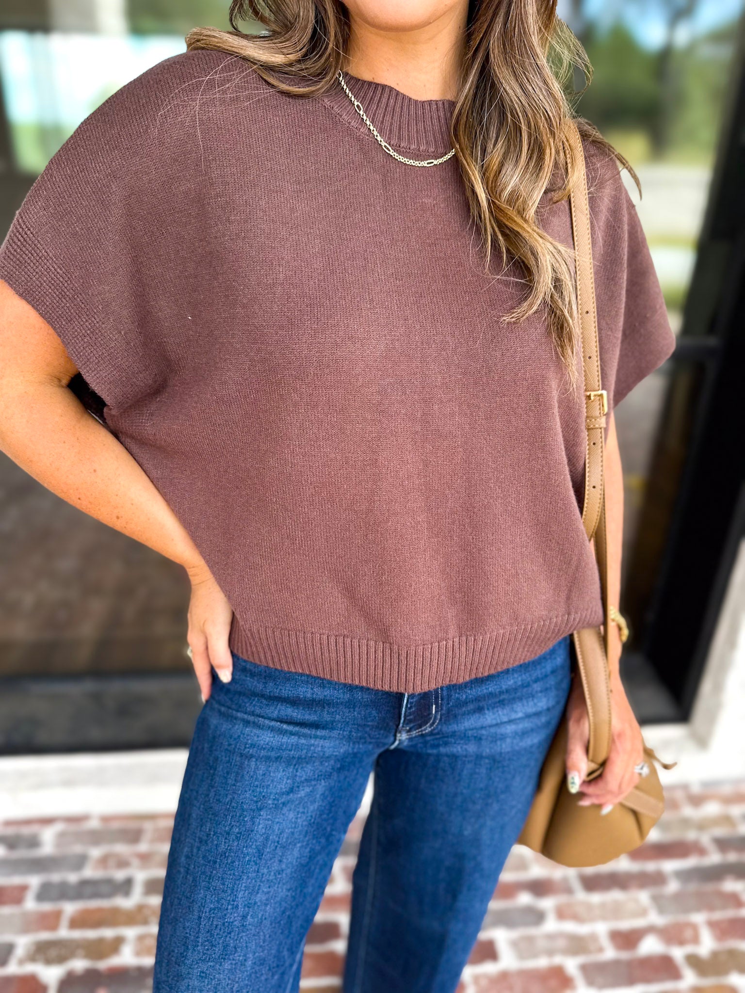 Easy Going Short Sleeve Knit Top - Espresso-230 Sweaters/Cardis-PINCH-July & June Women's Fashion Boutique Located in San Antonio, Texas