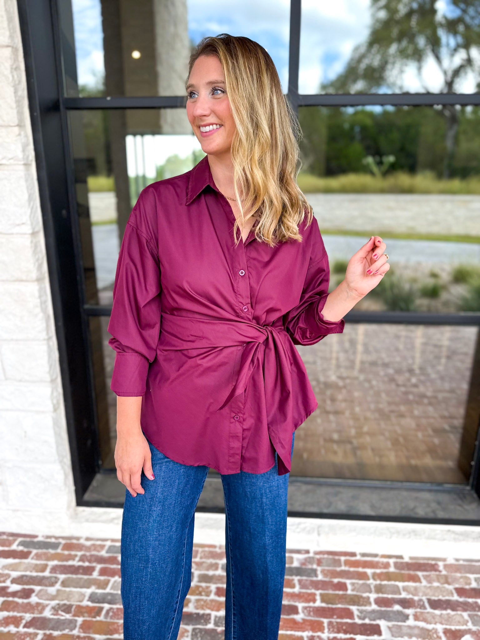 The Sarah Tie Button Down - Deep Berry-200 Fashion Blouses-ENTRO-July & June Women's Fashion Boutique Located in San Antonio, Texas