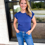 Cap Sleeve Knit Top - Blue-230 Sweaters/Cardis-PINCH-July & June Women's Fashion Boutique Located in San Antonio, Texas