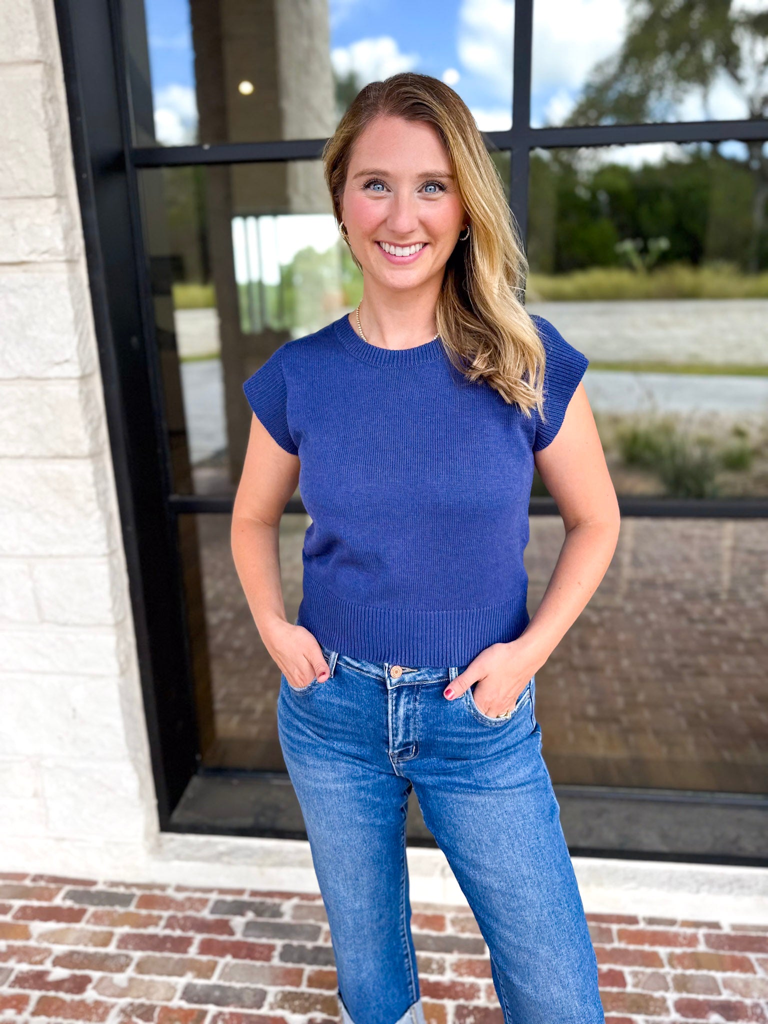 Cap Sleeve Knit Top - Blue-230 Sweaters/Cardis-PINCH-July & June Women's Fashion Boutique Located in San Antonio, Texas