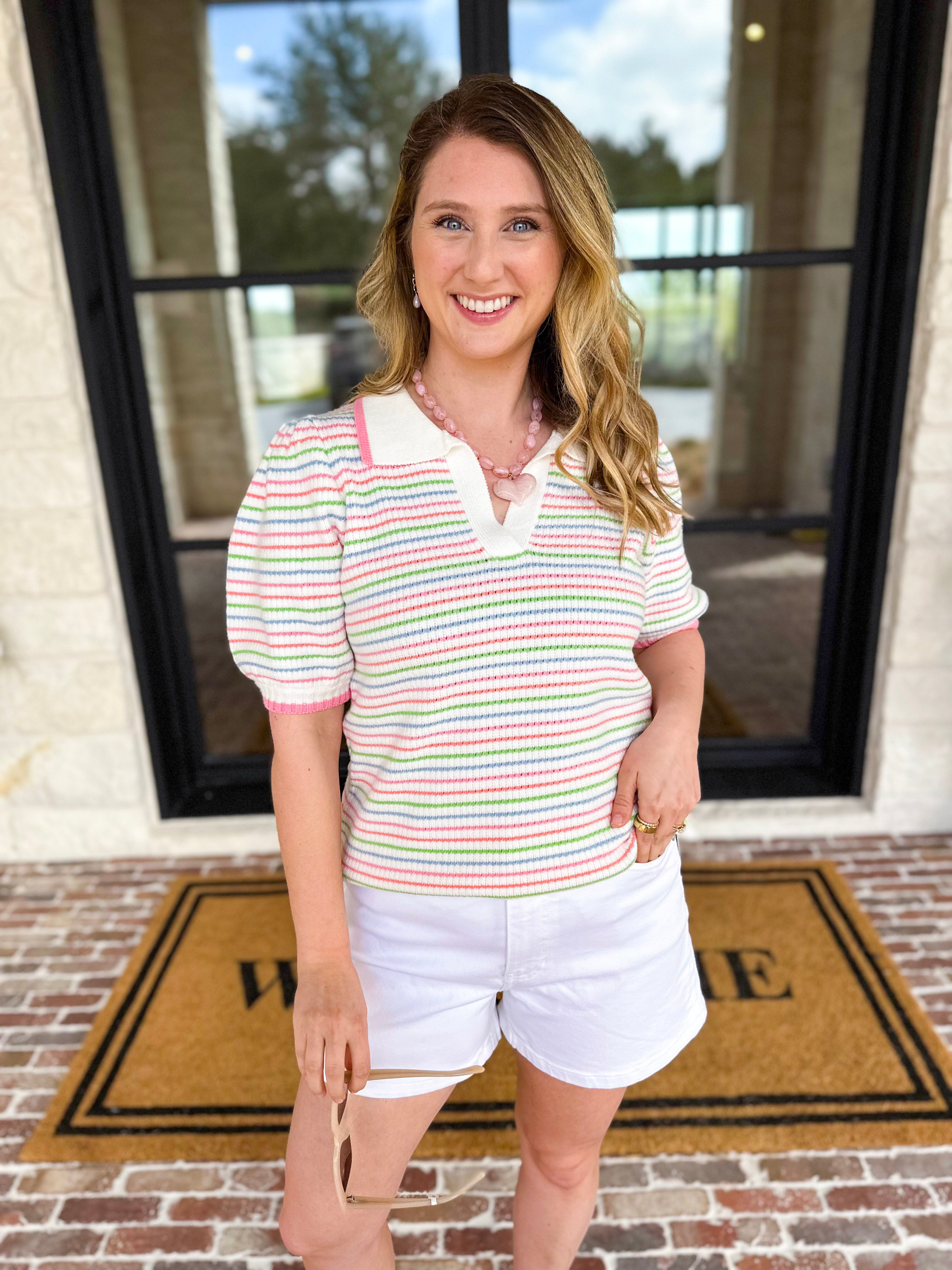 Mary Square - Multi Stripe Knit Top-230 Sweaters/Cardis-MARY SQUARE-July & June Women's Fashion Boutique Located in San Antonio, Texas