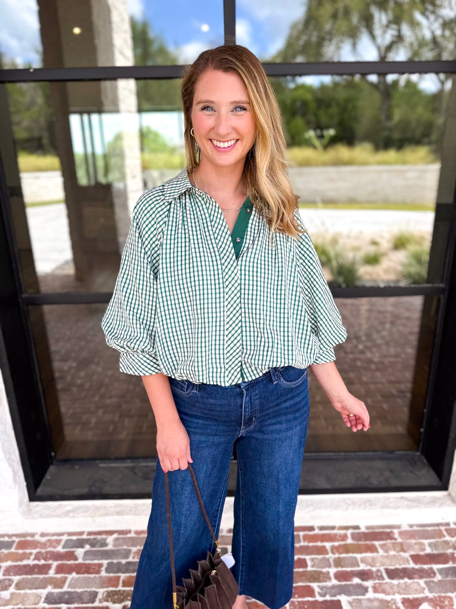 Gingham Bubble Blouse - Hunter Green-200 Fashion Blouses-ENTRO-July & June Women's Fashion Boutique Located in San Antonio, Texas