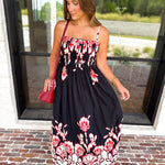 Floral Pleated Midi Dress - Black-500 Midi-ENTRO-July & June Women's Fashion Boutique Located in San Antonio, Texas