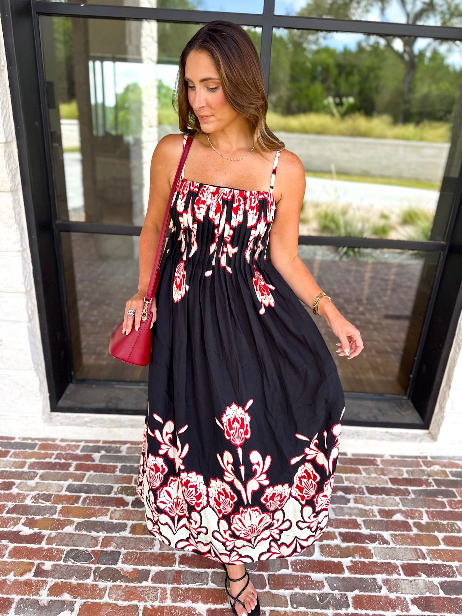 Floral Pleated Midi Dress - Black-500 Midi-ENTRO-July & June Women's Fashion Boutique Located in San Antonio, Texas
