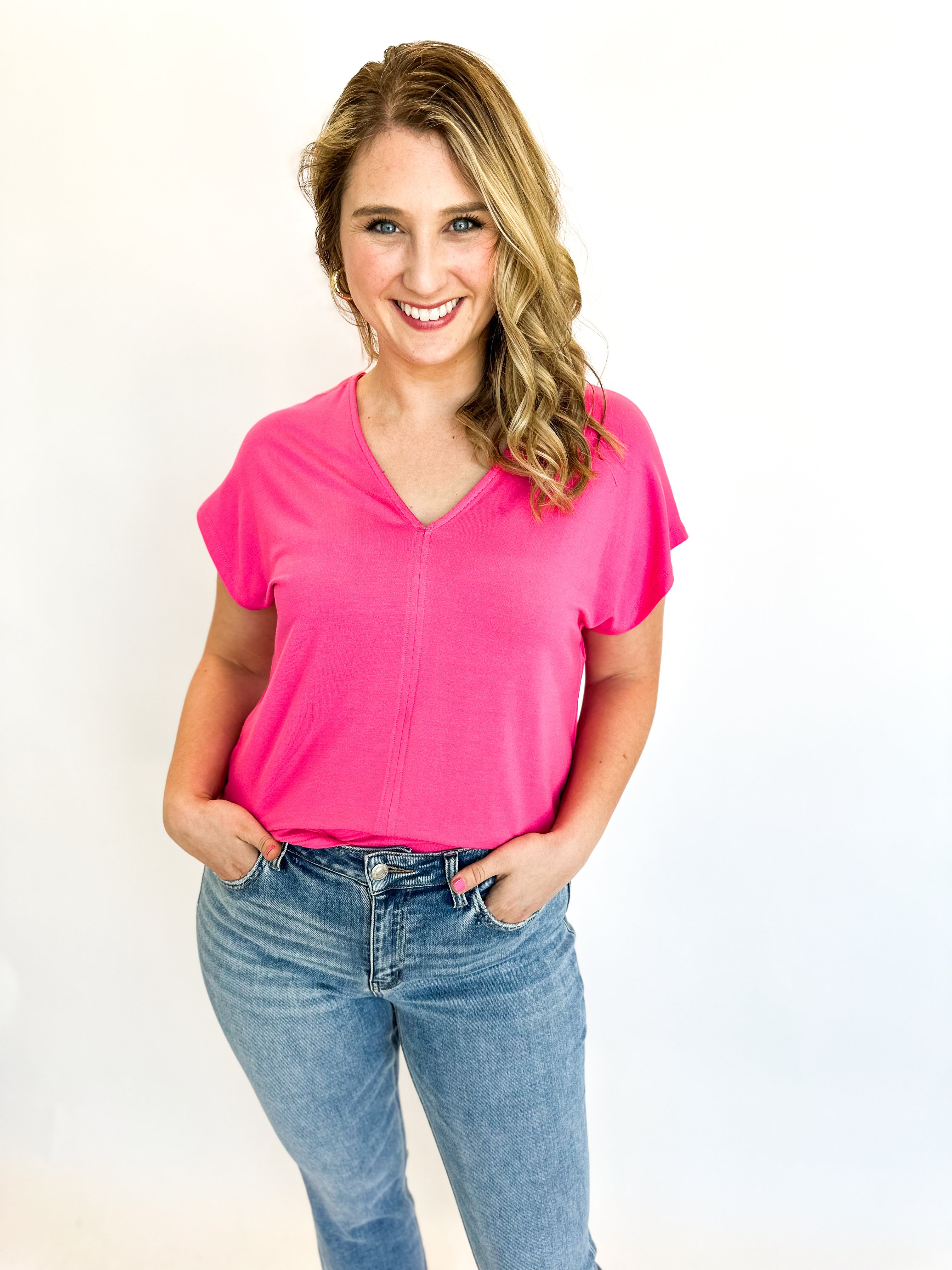 Dolman Knit Tee - Pink-210 Casual Blouses-JODIFL-July & June Women's Fashion Boutique Located in San Antonio, Texas