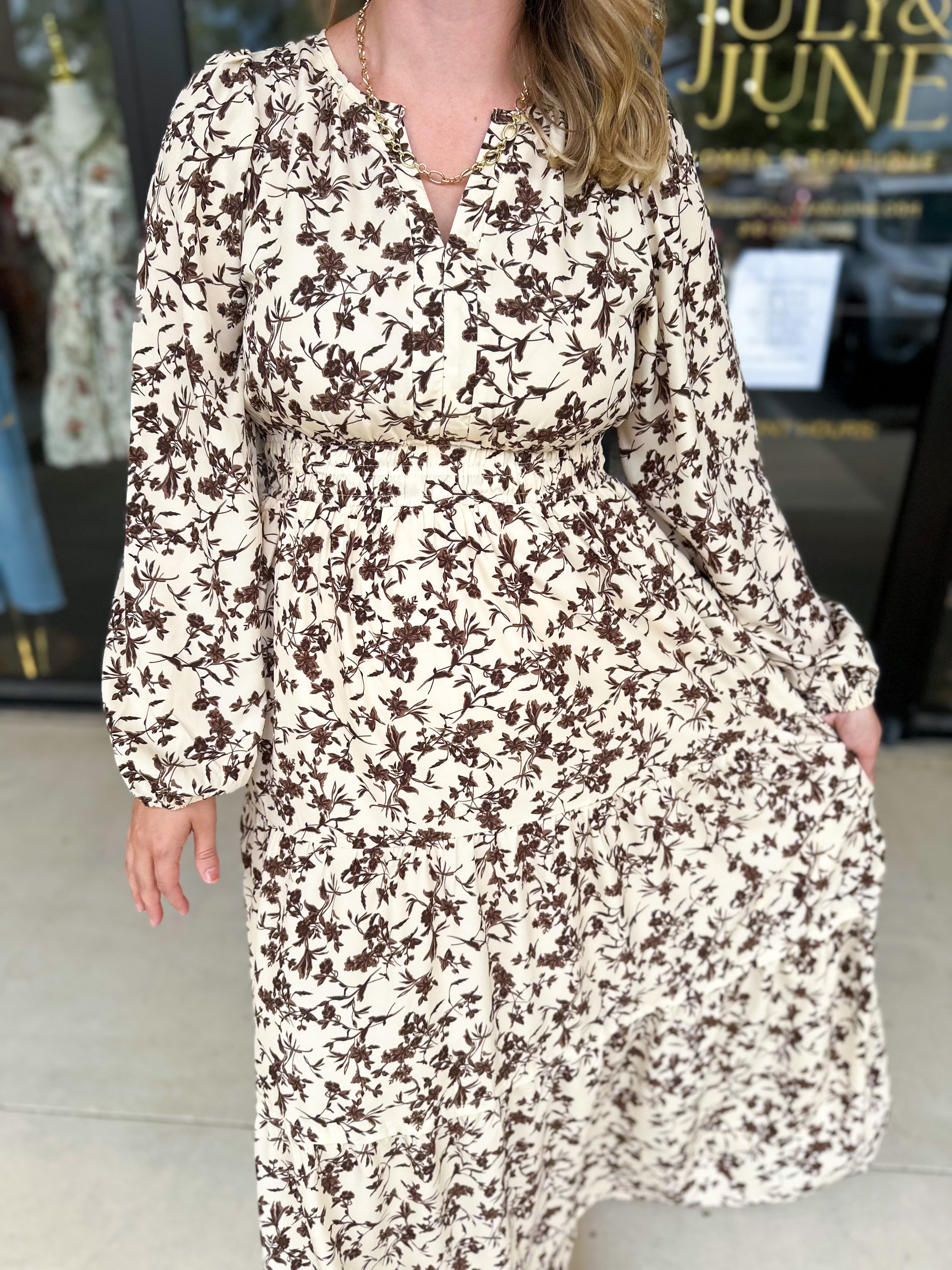 Fall Days Floral Midi Dress-500 Midi-POLOGRAM-July & June Women's Fashion Boutique Located in San Antonio, Texas