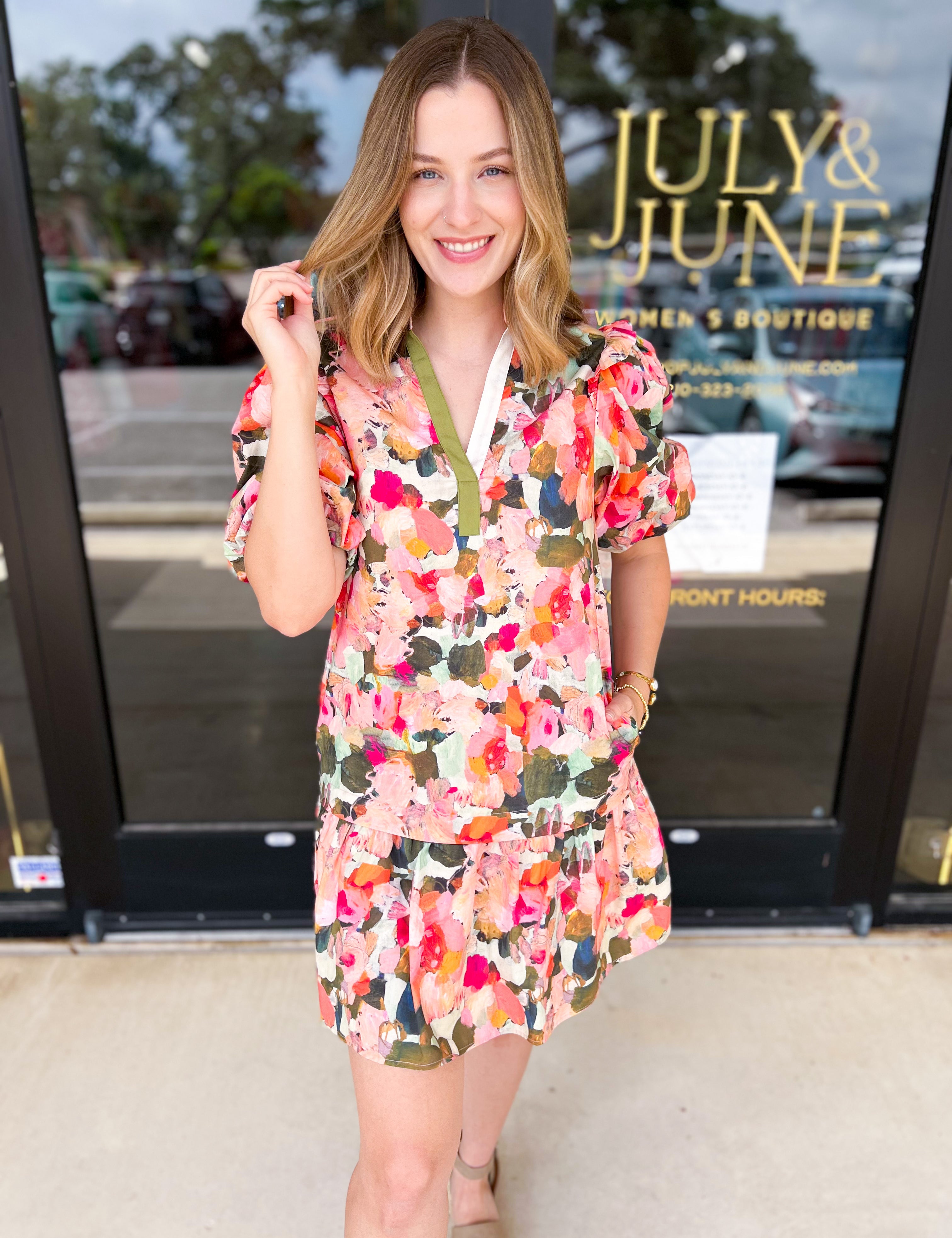 THML - Pink & Olive Abstract Mini Dress-510 Mini-THML-July & June Women's Fashion Boutique Located in San Antonio, Texas