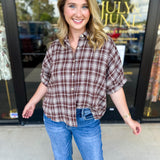 Brown Flannel Blouse-200 Fashion Blouses-POLOGRAM-July & June Women's Fashion Boutique Located in San Antonio, Texas
