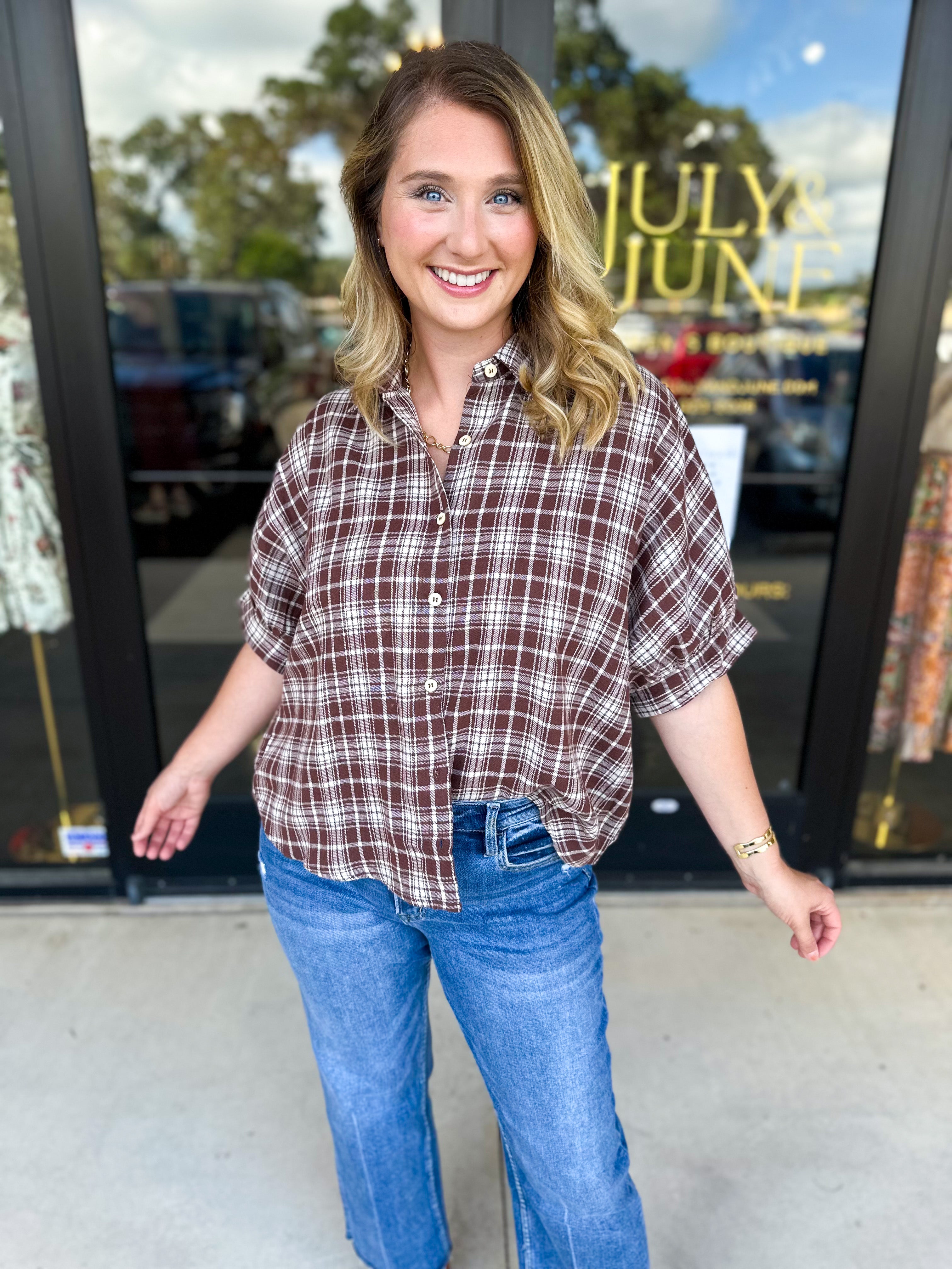 Brown Flannel Blouse-200 Fashion Blouses-POLOGRAM-July & June Women's Fashion Boutique Located in San Antonio, Texas