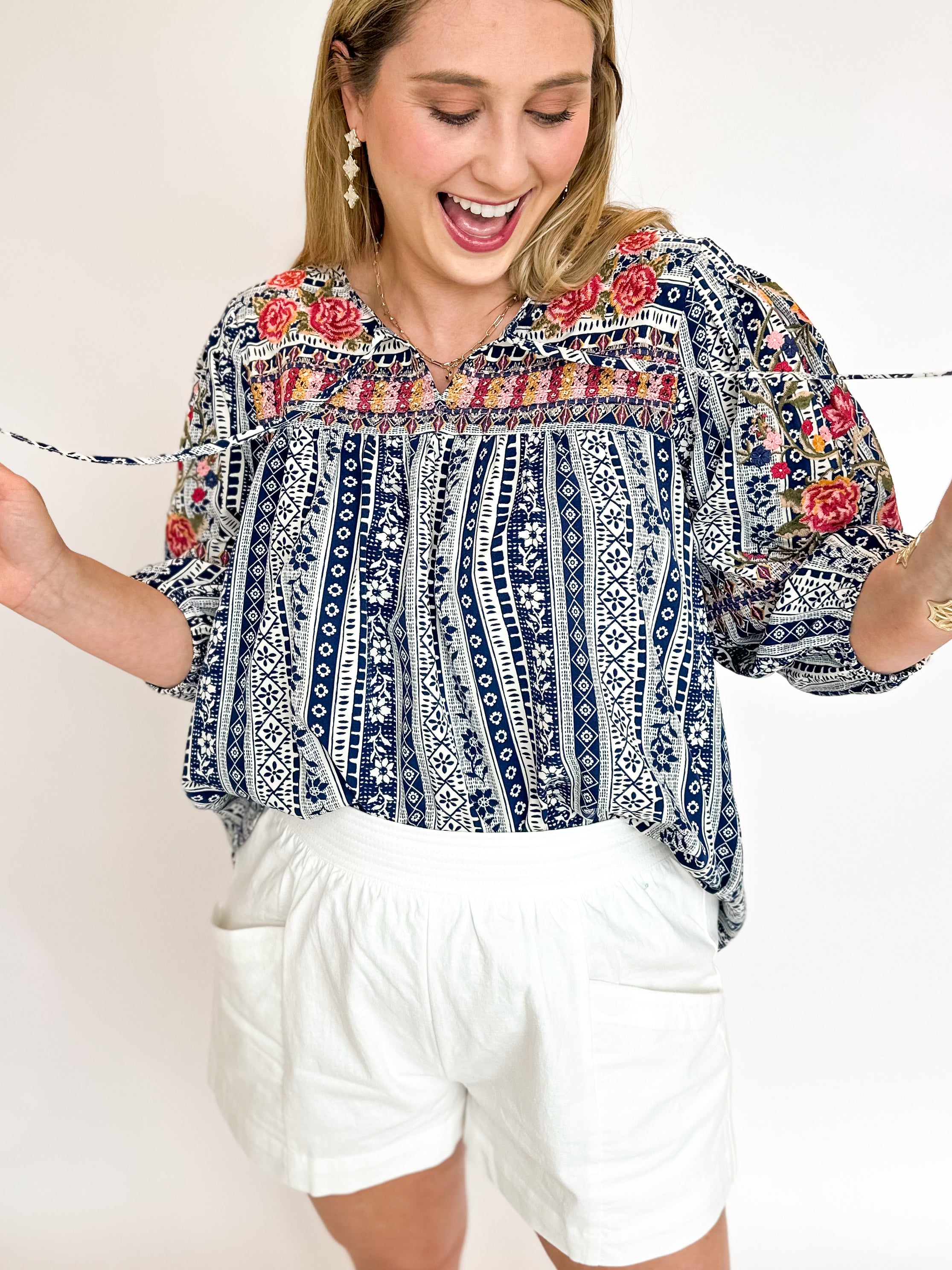 Navy Peasant Embroidered Blouse-200 Fashion Blouses-ANDREE BY UNIT-July & June Women's Fashion Boutique Located in San Antonio, Texas