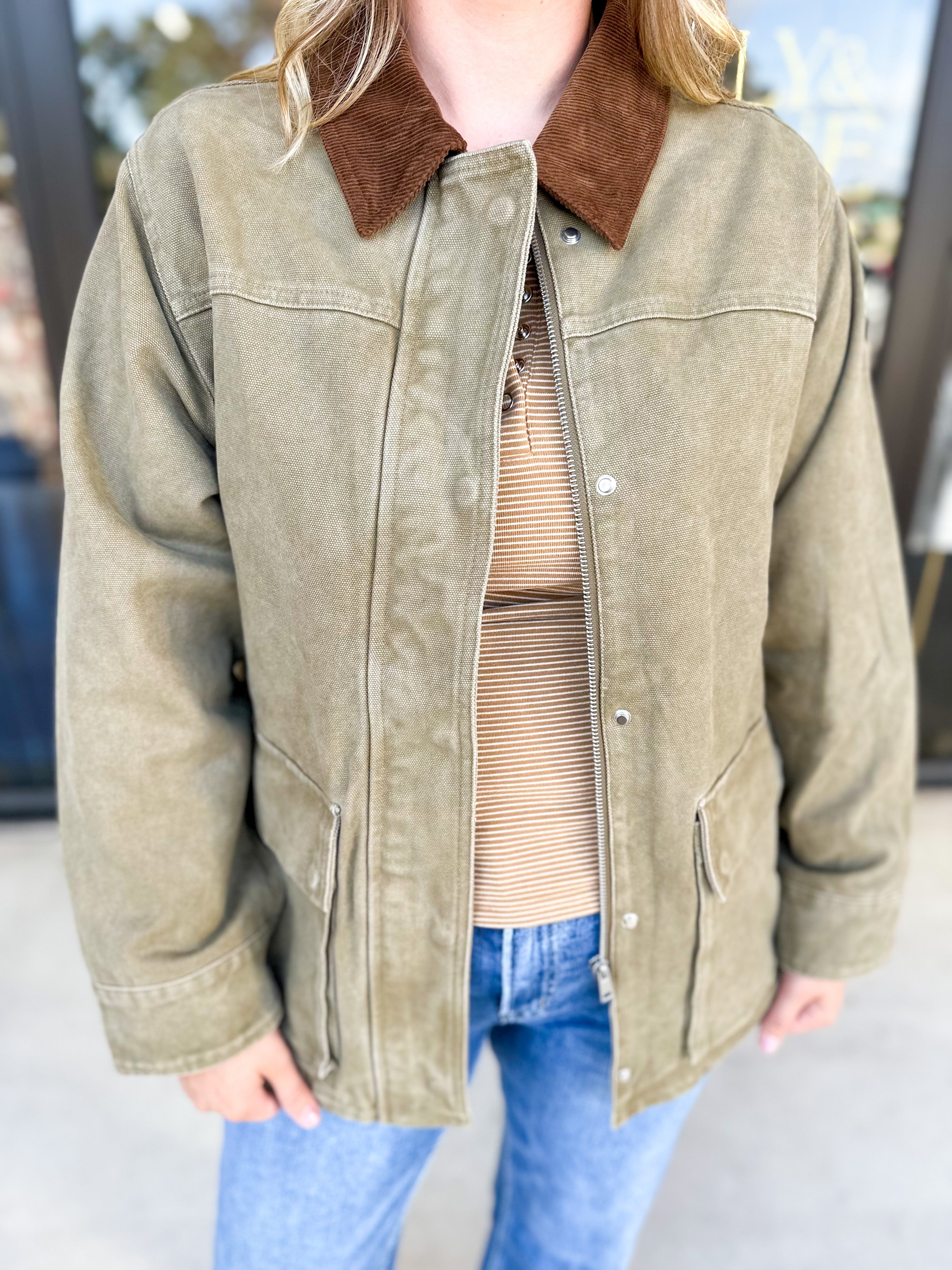 Barn Jacket - Olive-600 Outerwear-AARON & AMBER-July & June Women's Fashion Boutique Located in San Antonio, Texas